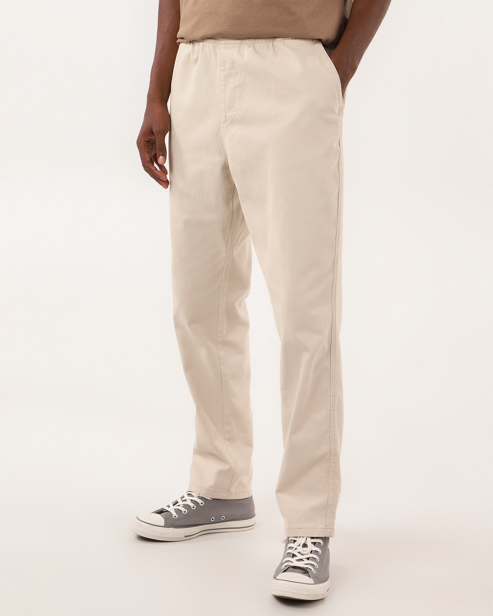 Calça sarja masculina jogger cós elástico bege | Pool Jeans