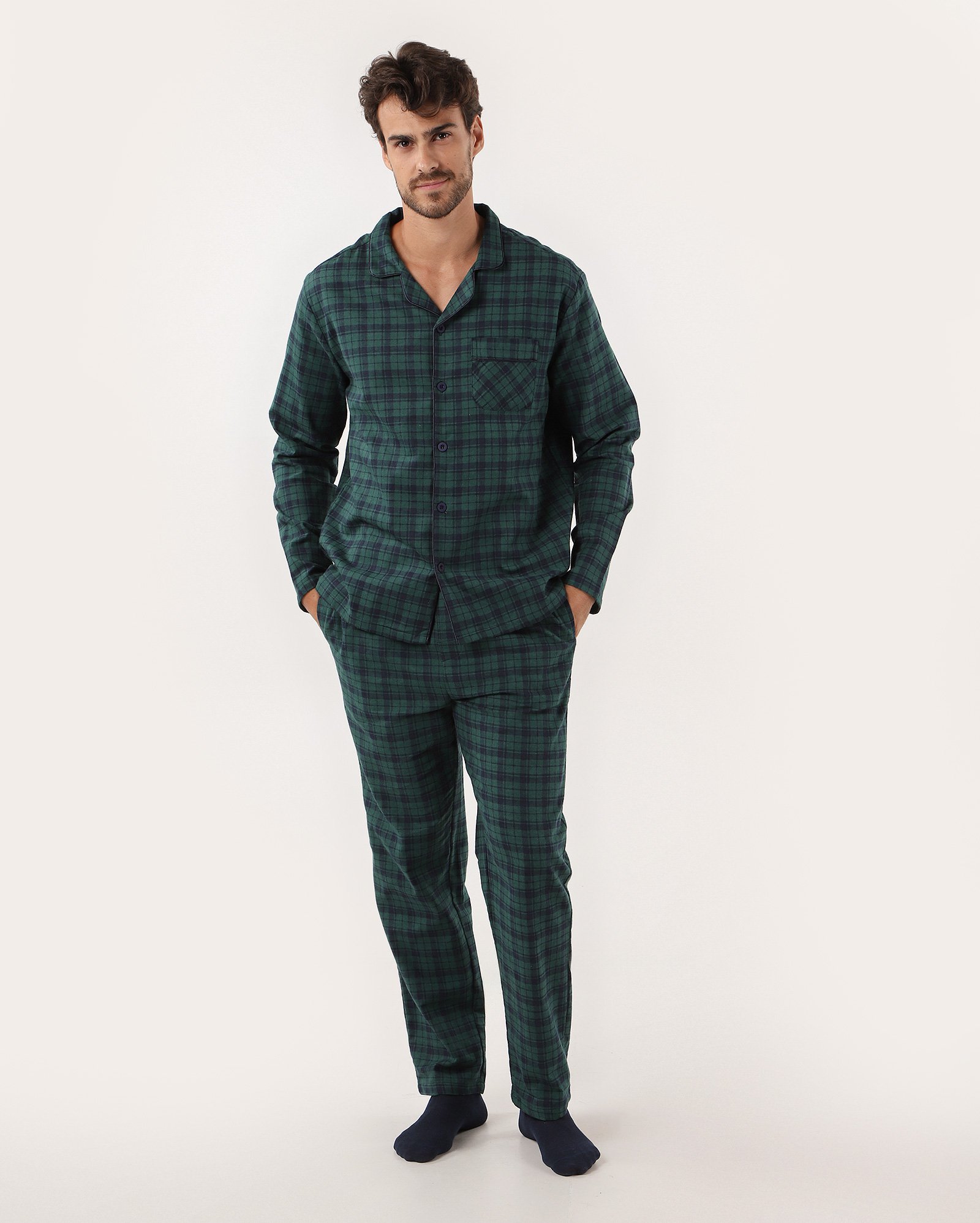 Pijama longo masculino americano flanelado xadrez verde | Riachuelo