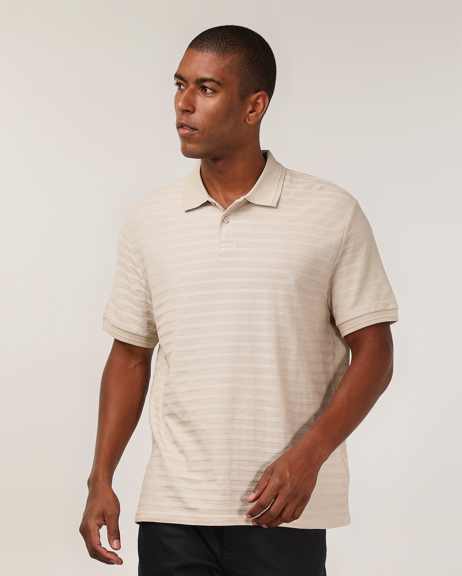 Camisa polo masculina texturizada listrada - Bege Claro