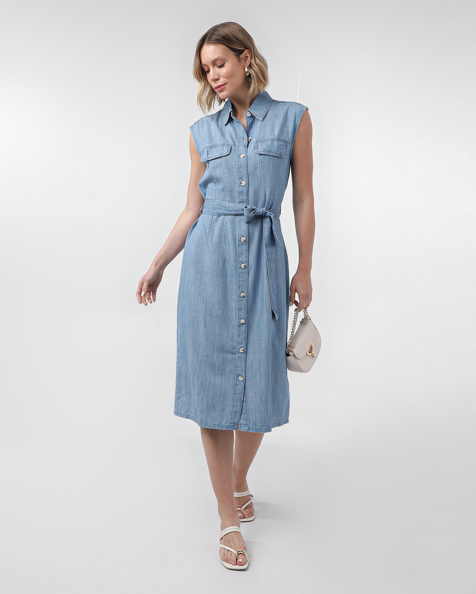 Vestido jeans feminino midi com faixa denim claro | Pool Jeans