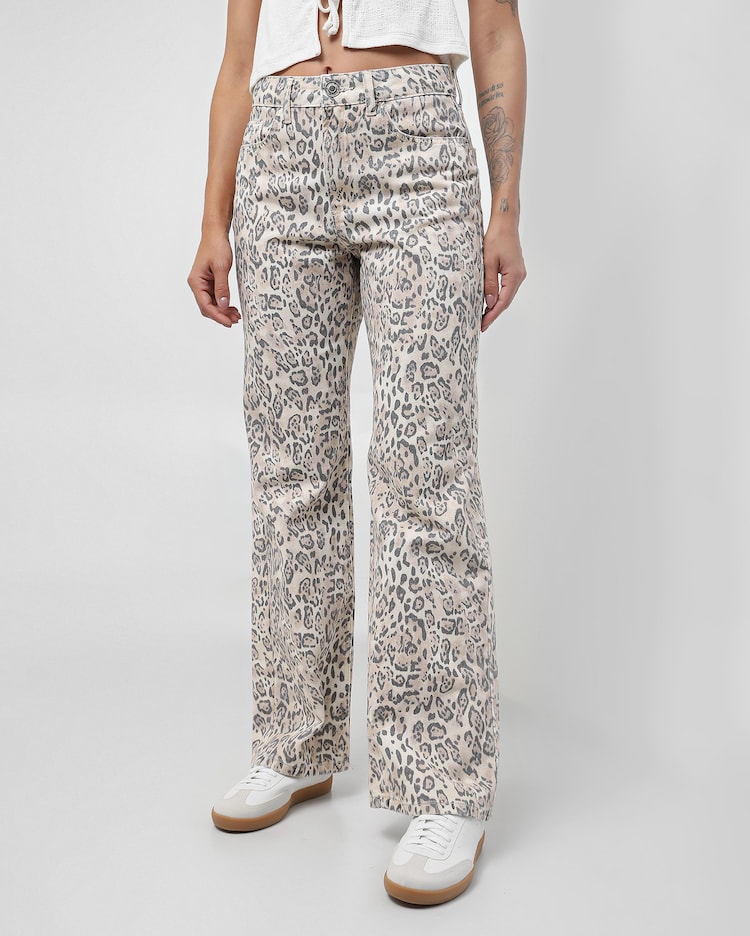 Riachuelo Calça sarja feminina wide leg animal print bege Pool