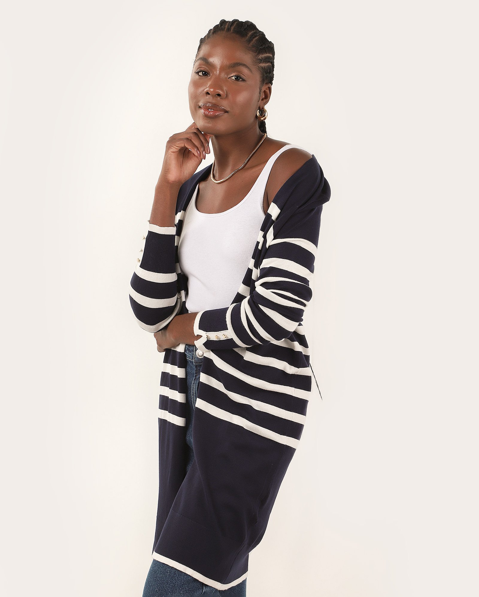 Cardigan feminino alongado em tricot listrado - Azul Escuro | AK by Riachuelo