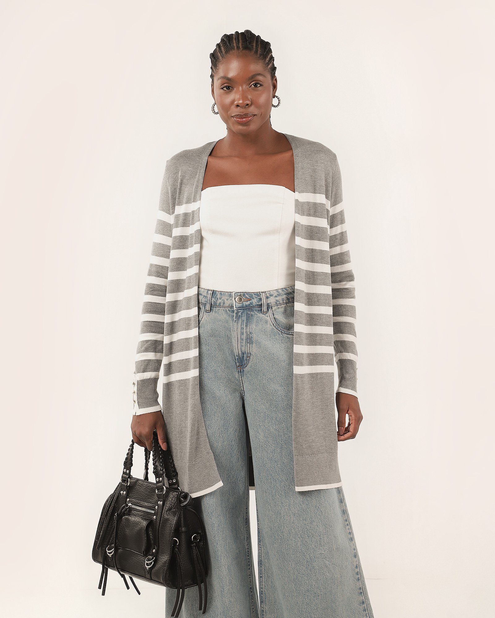 Cardigan feminino alongado em tricot listrado - Cinza Mescla | AK by Riachuelo