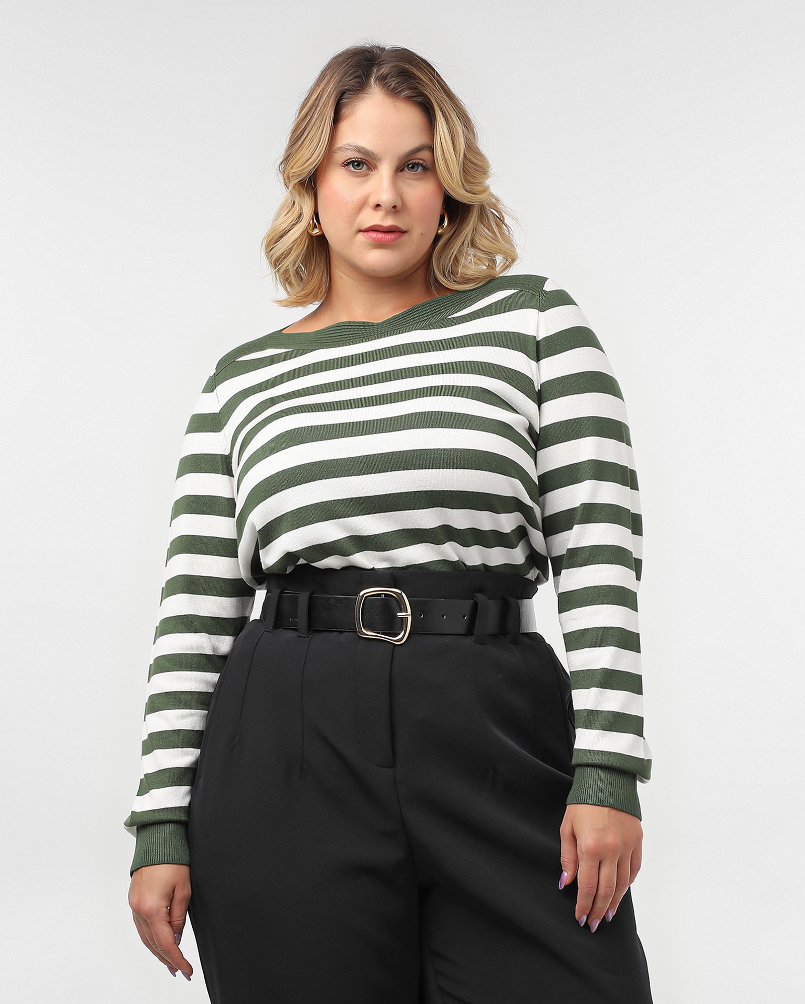 Suéter plus size feminino tricot listrado - Verde Musgo | AK Plus