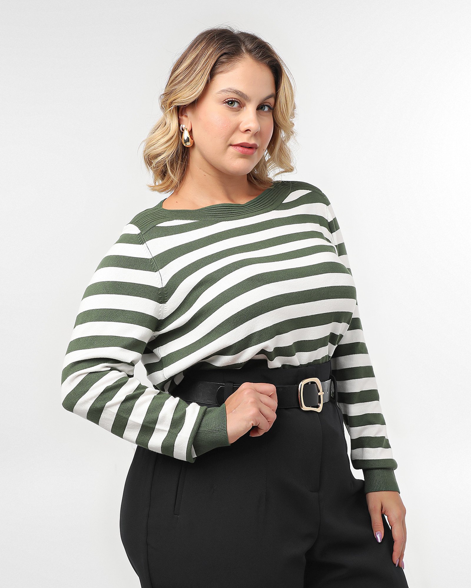 Suéter plus size feminino tricot listrado - Verde Musgo | AK Plus