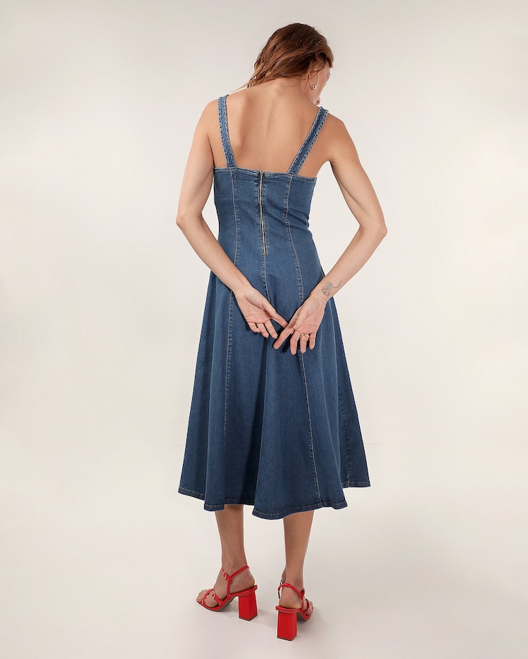 Riachuelo Vestido jeans midi evasê princesa denim escuro Pool