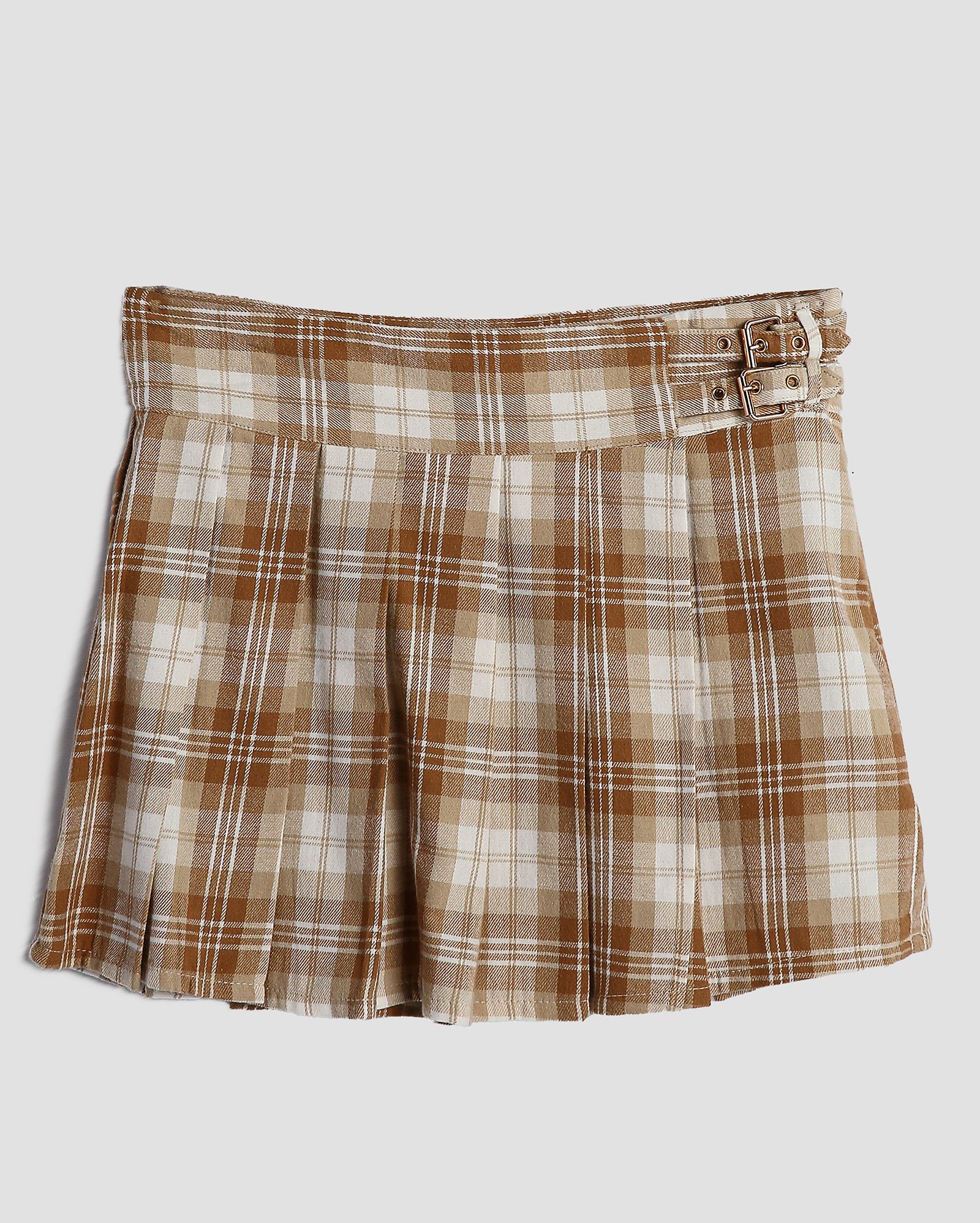 Saia curta juvenil evasê xadrez com fivela lateral - Bege | Pool