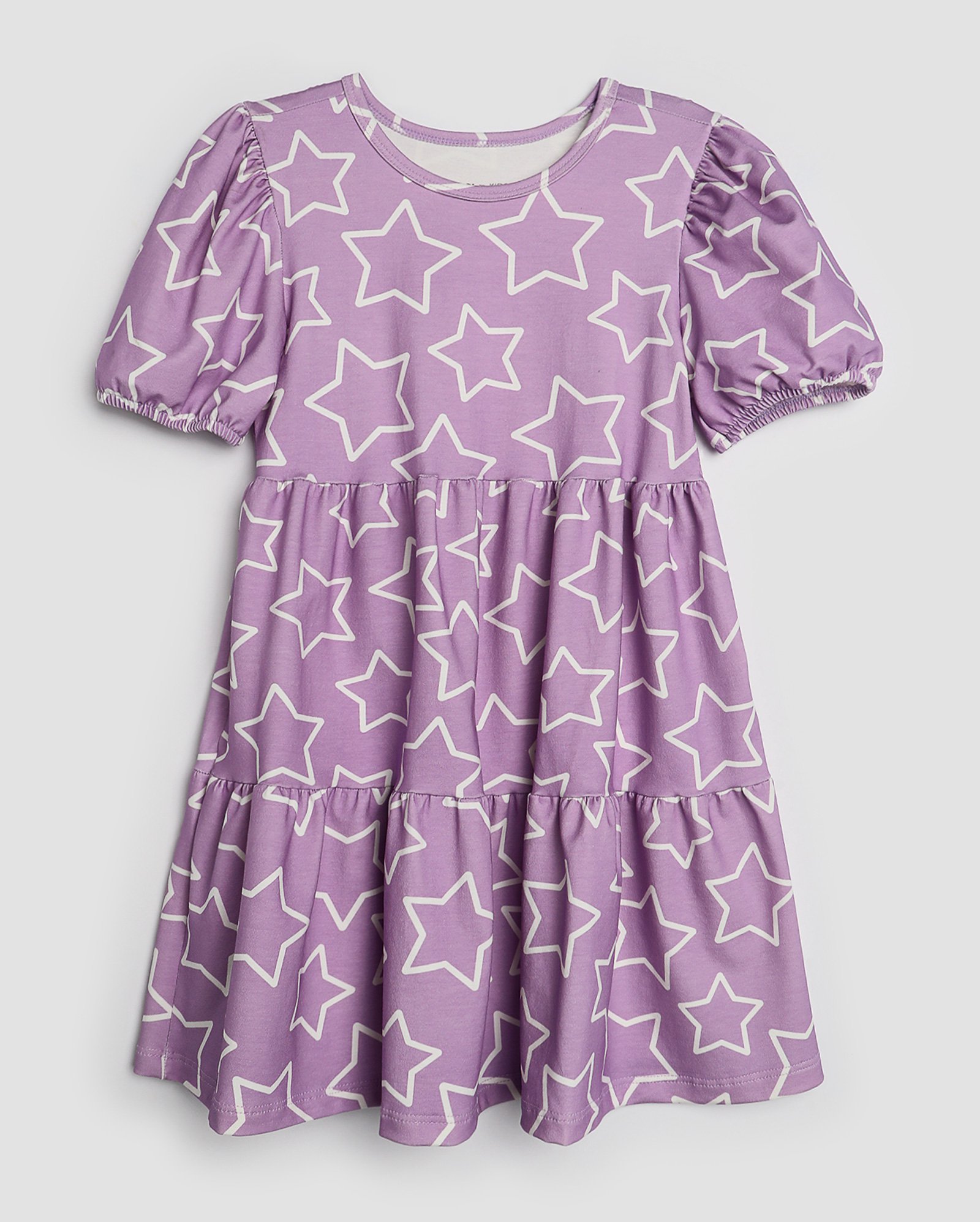 Vestido infantil evasê manga bufante estrela 4-10A lilás | Pool Kids