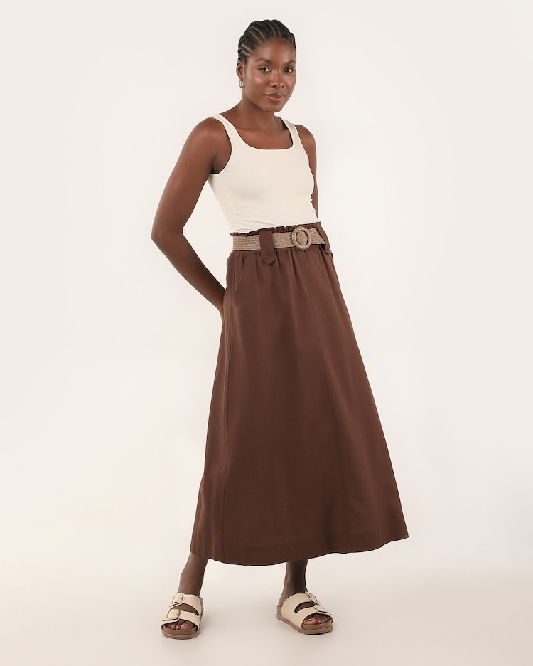Riachuelo Saia midi evasê Jade em viscolinho com cinto Marrom