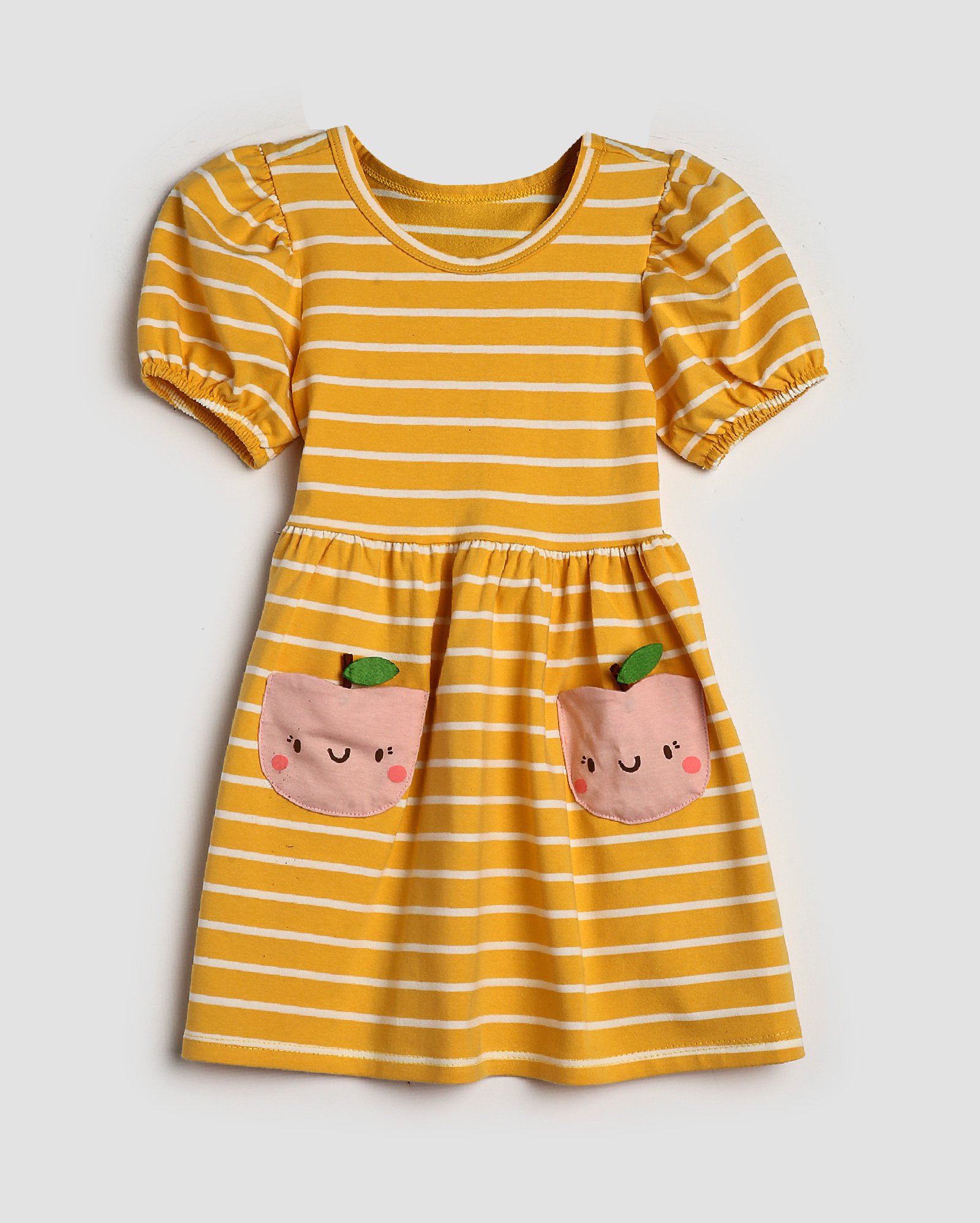 Vestido infantil evasê bolsos de maça listrado 1-4A amarelo | Pool Kids
