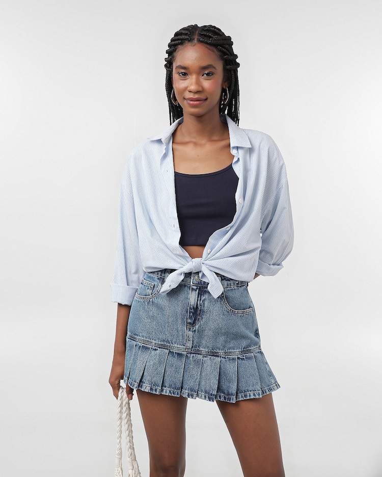 Riachuelo Mini saia jeans com pregas denim médio Pool Jeans