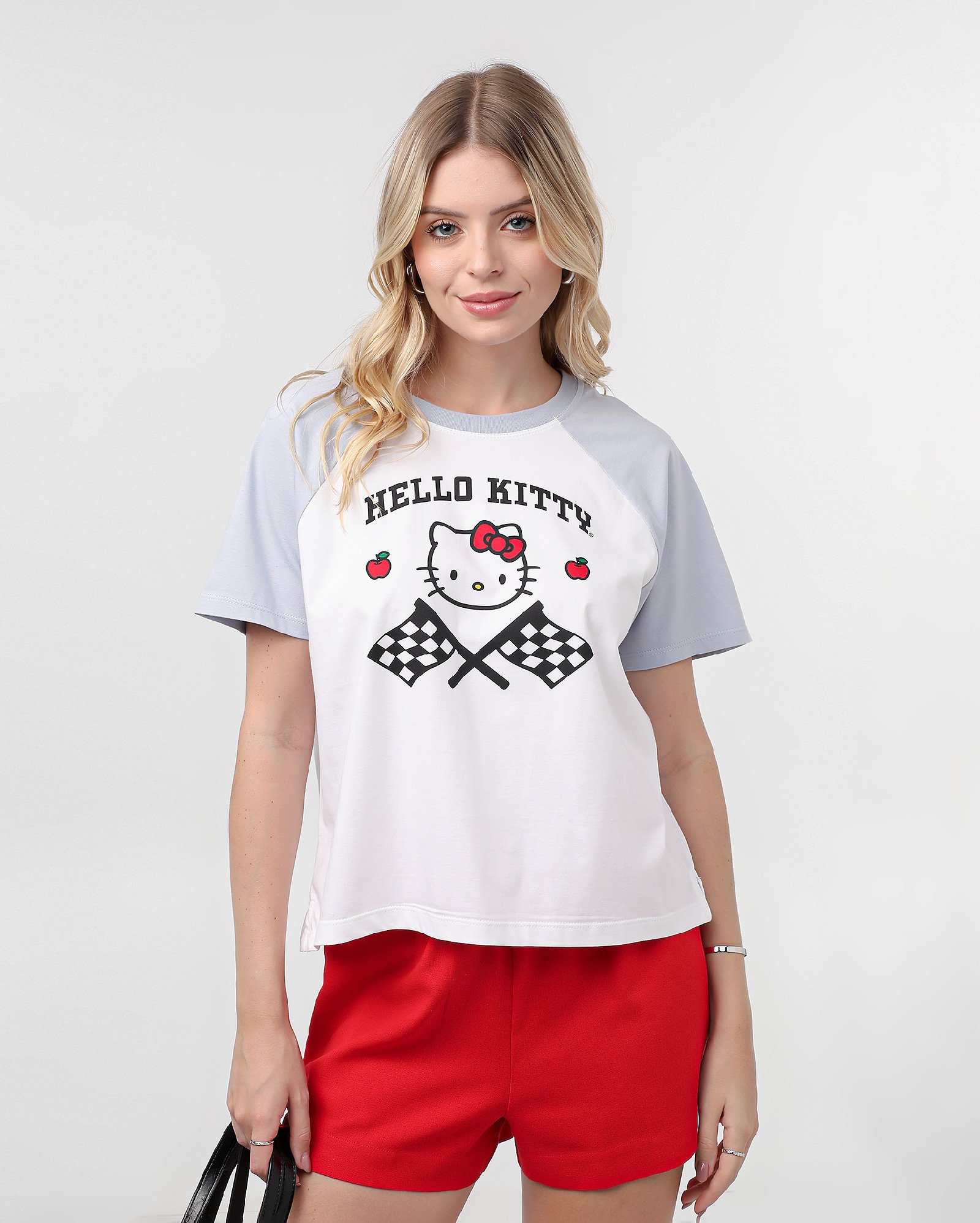 Camiseta feminina Hello Kitty raglan branca | FANLAB