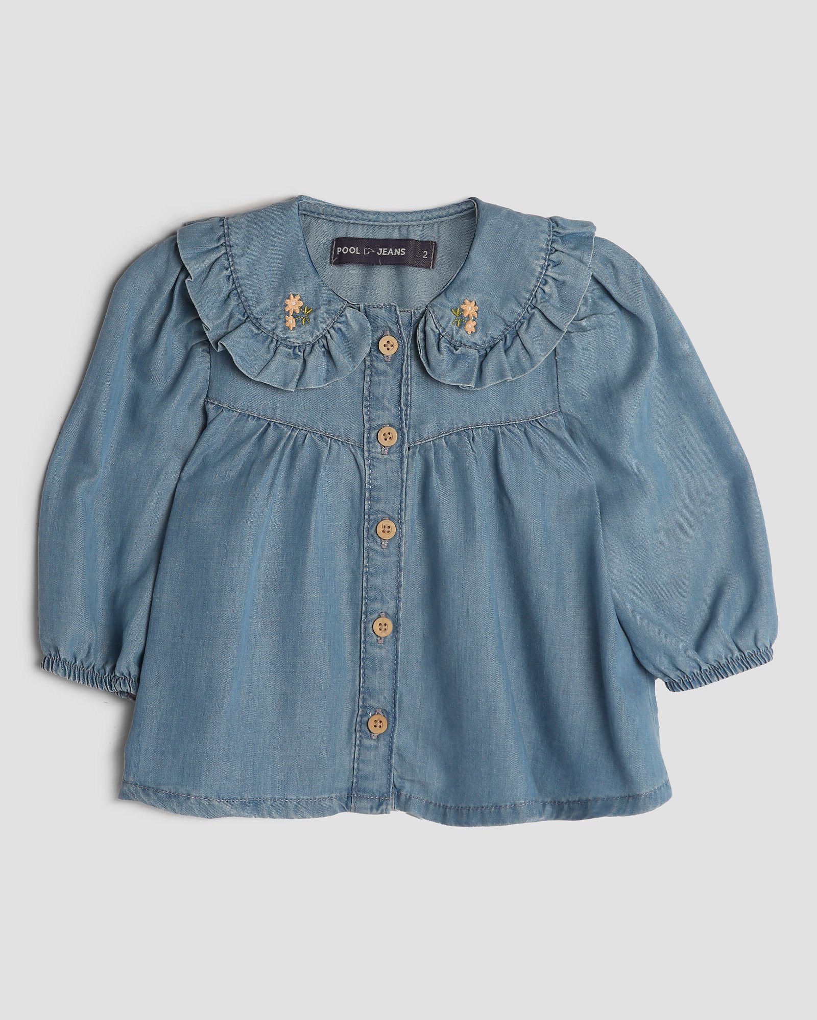 Bata jeans infantil manga bufante gola bordada 1-4A denim médio | Pool Kids