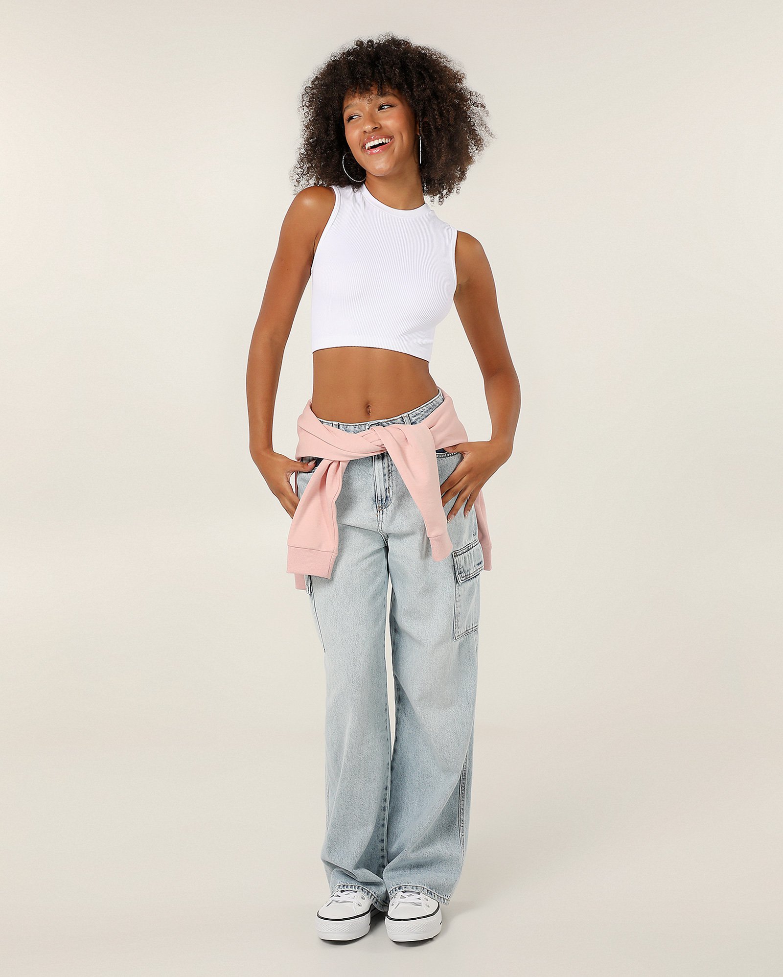 Calça jeans juvenil wide leg cargo denim claro | Pool