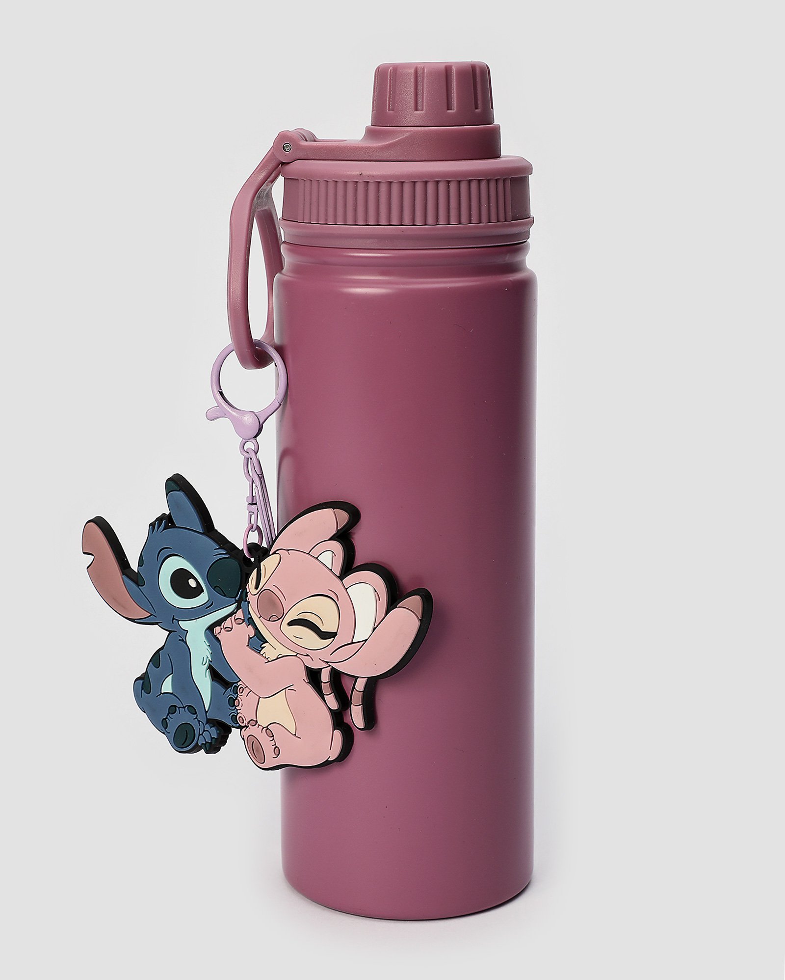 Garrafa squeeze de aço com chaveiro Stitch 750ml rosa | Disney 