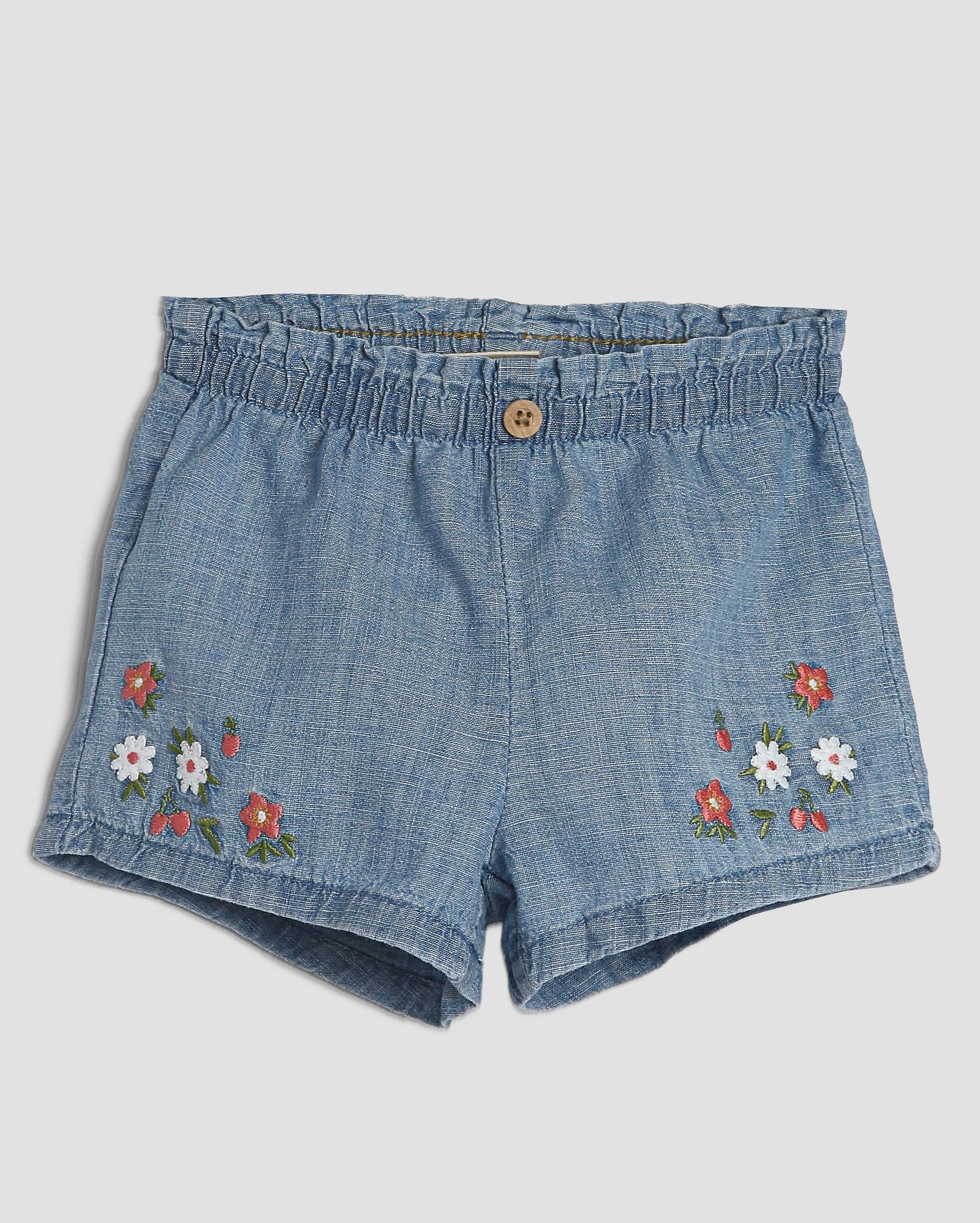 Short jeans bebê clochard bordado floral denim médio | Baby Way