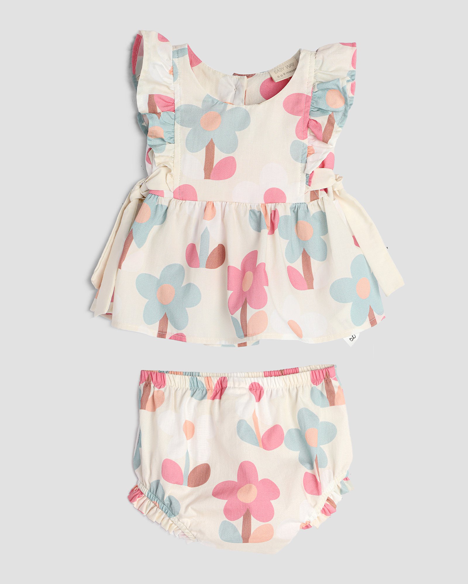 Vestido bebê floral manga curta + calcinha bege | Baby Way