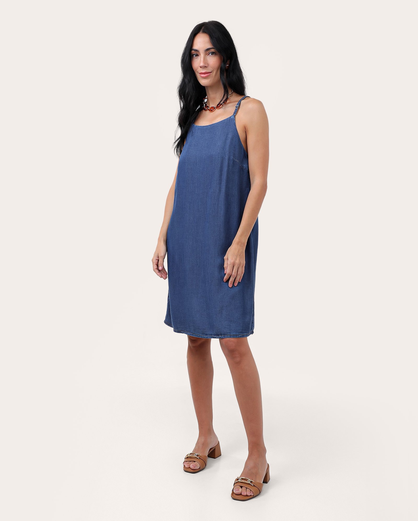 Vestido jeans curto evasê alças finas - Jeans Escuro | Pool Jeans
