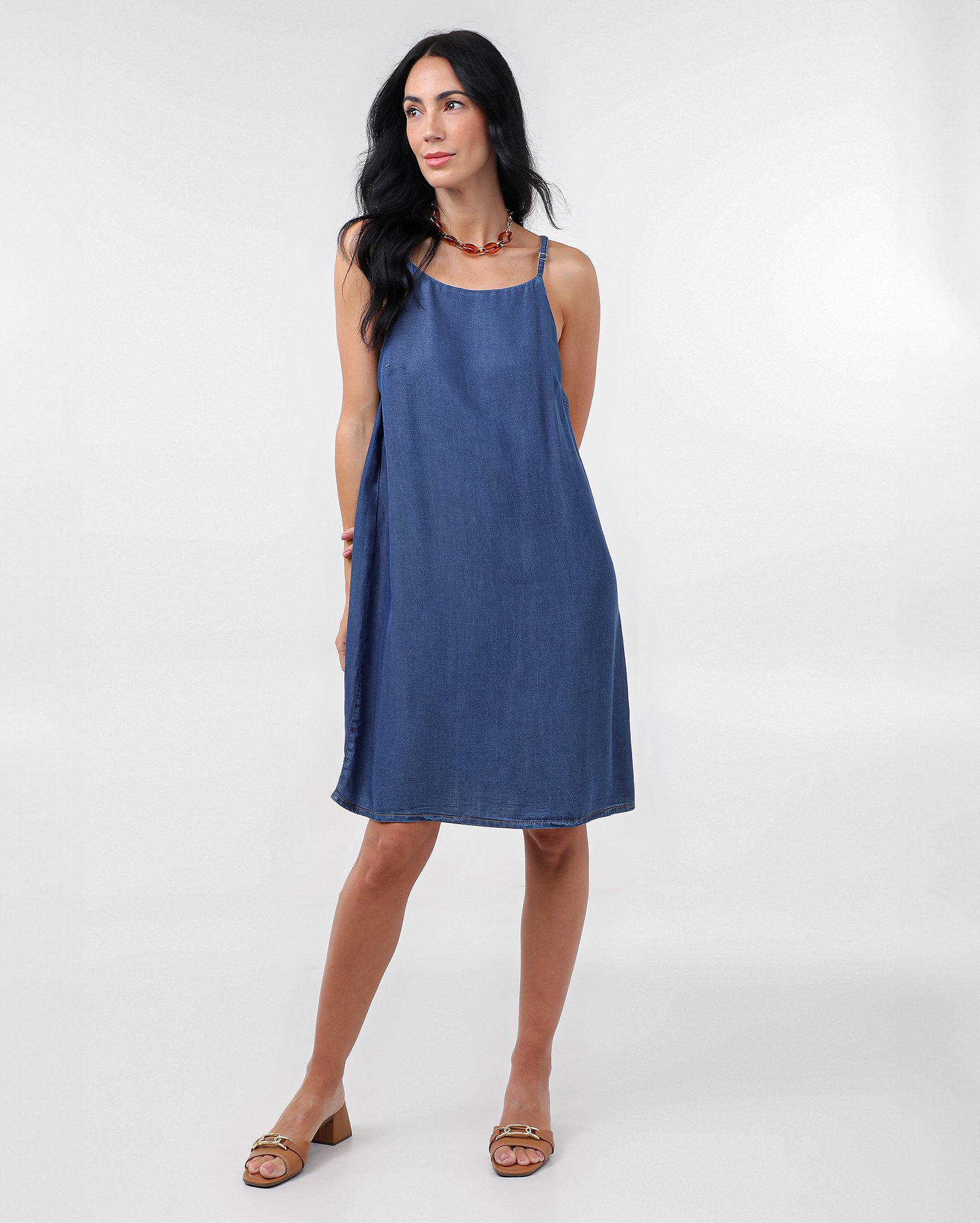 Vestido jeans curto evasê alças finas - Jeans Escuro | Pool Jeans