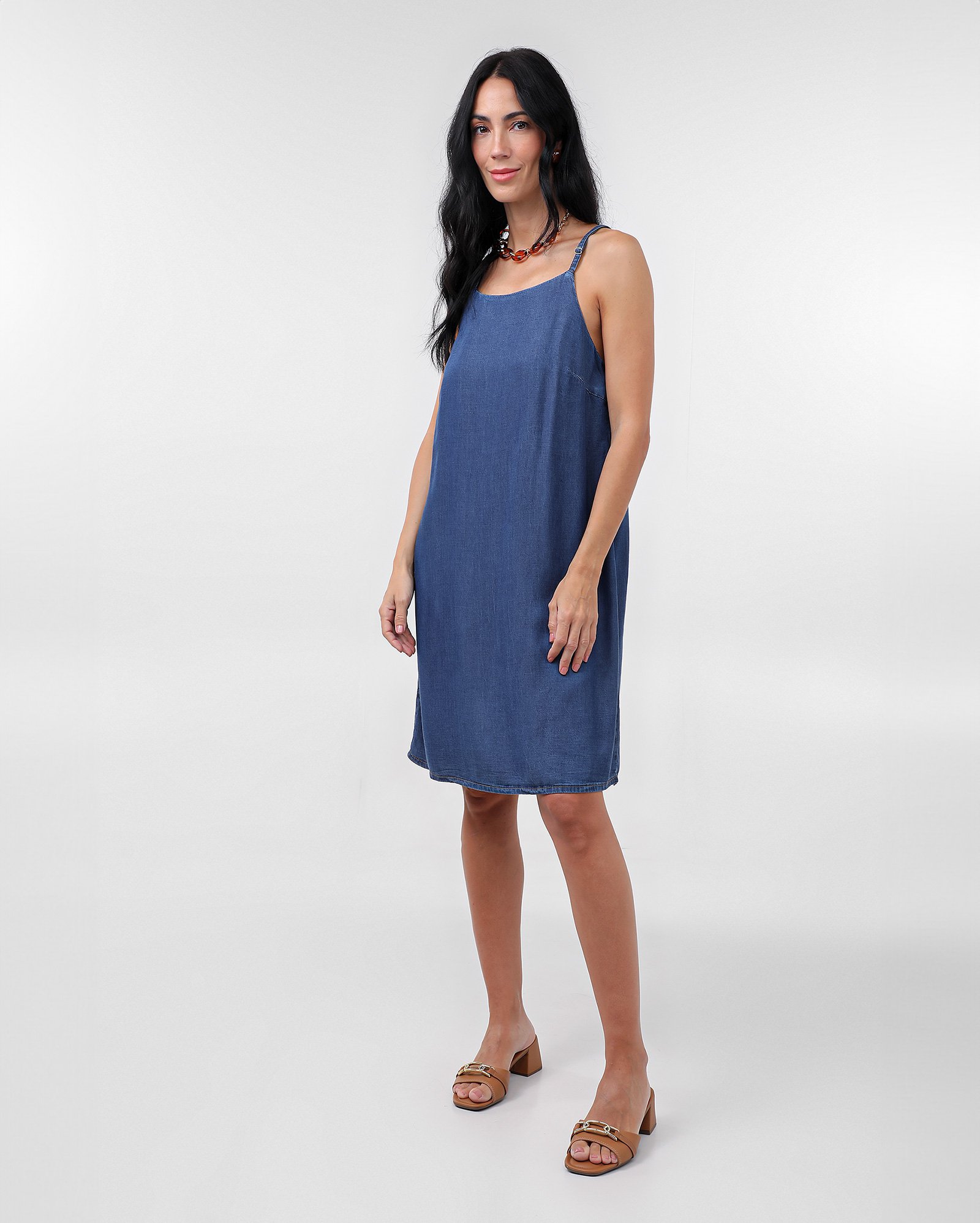 Vestido jeans curto evasê alças finas - Jeans Escuro | Pool Jeans