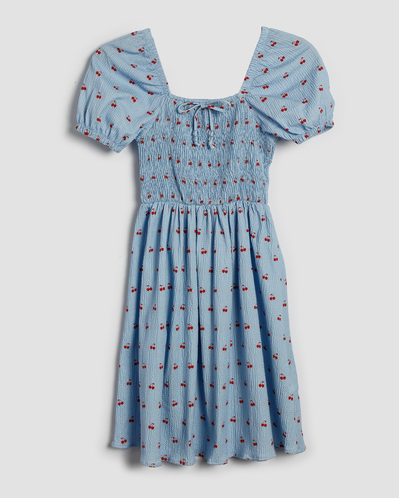 Vestido juvenil curto evasê texturizado cerejas azul | Pool