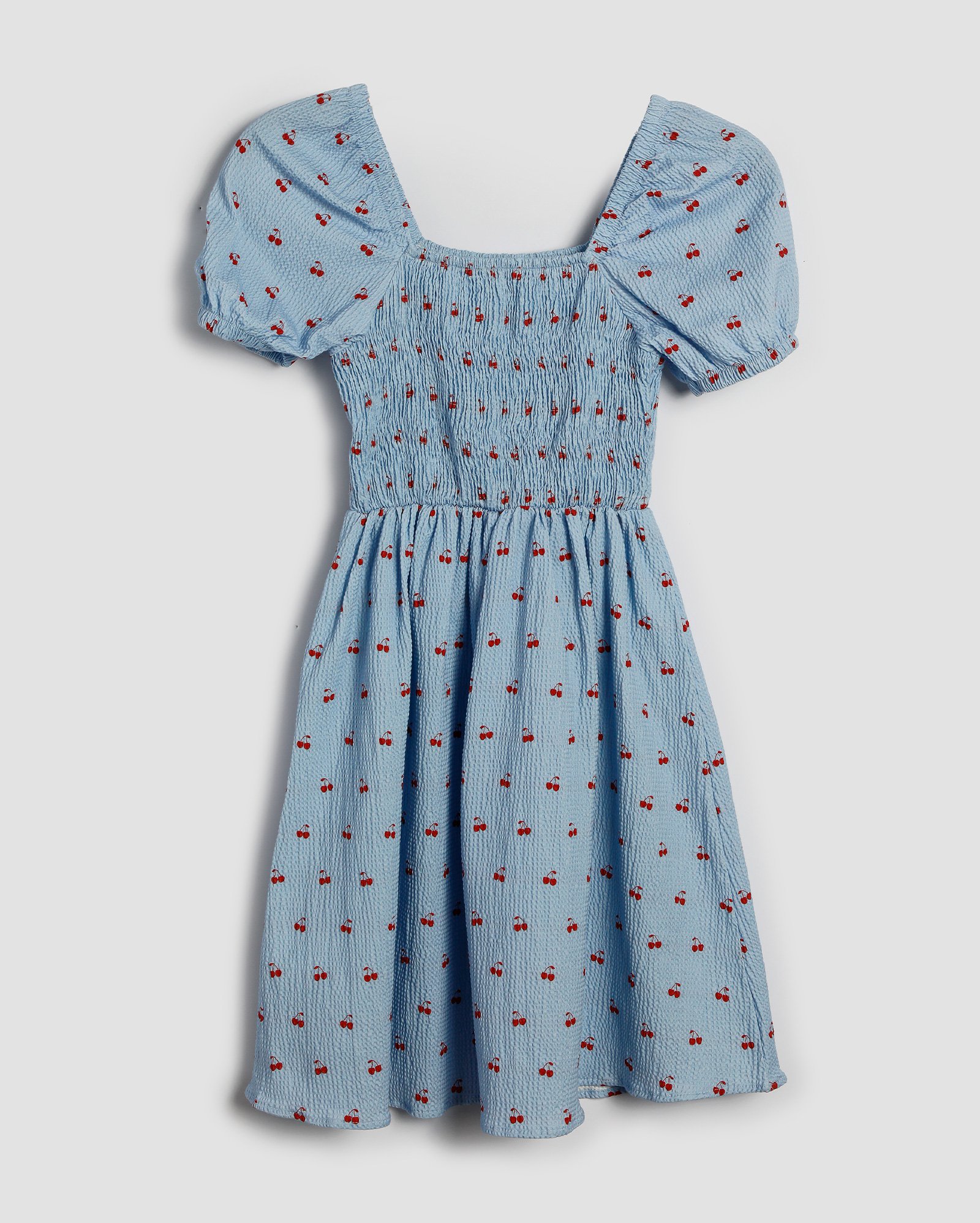 Vestido juvenil curto evasê texturizado cerejas azul | Pool