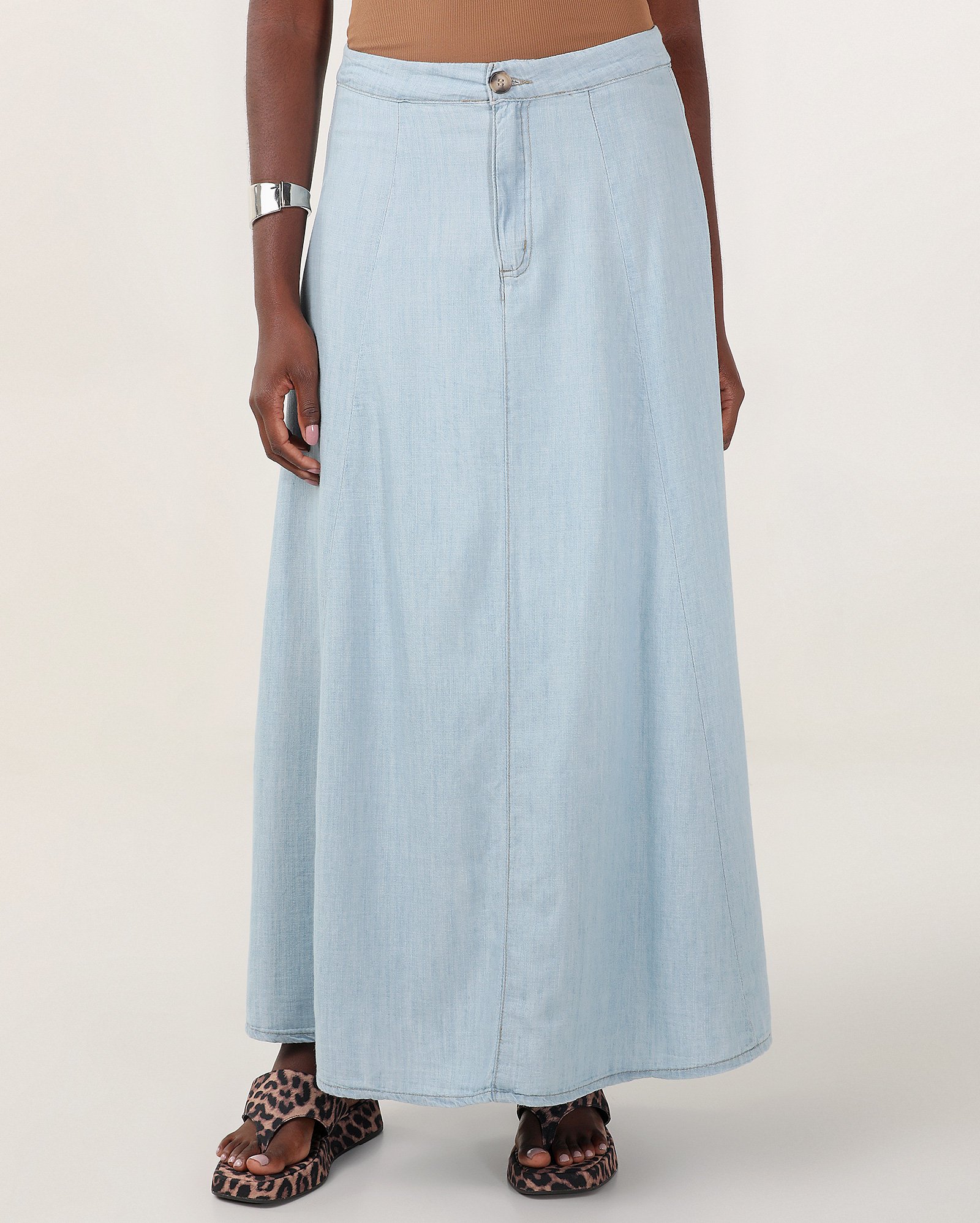 Riachuelo Saia jeans midi cós liso denim claro Jeans Claro