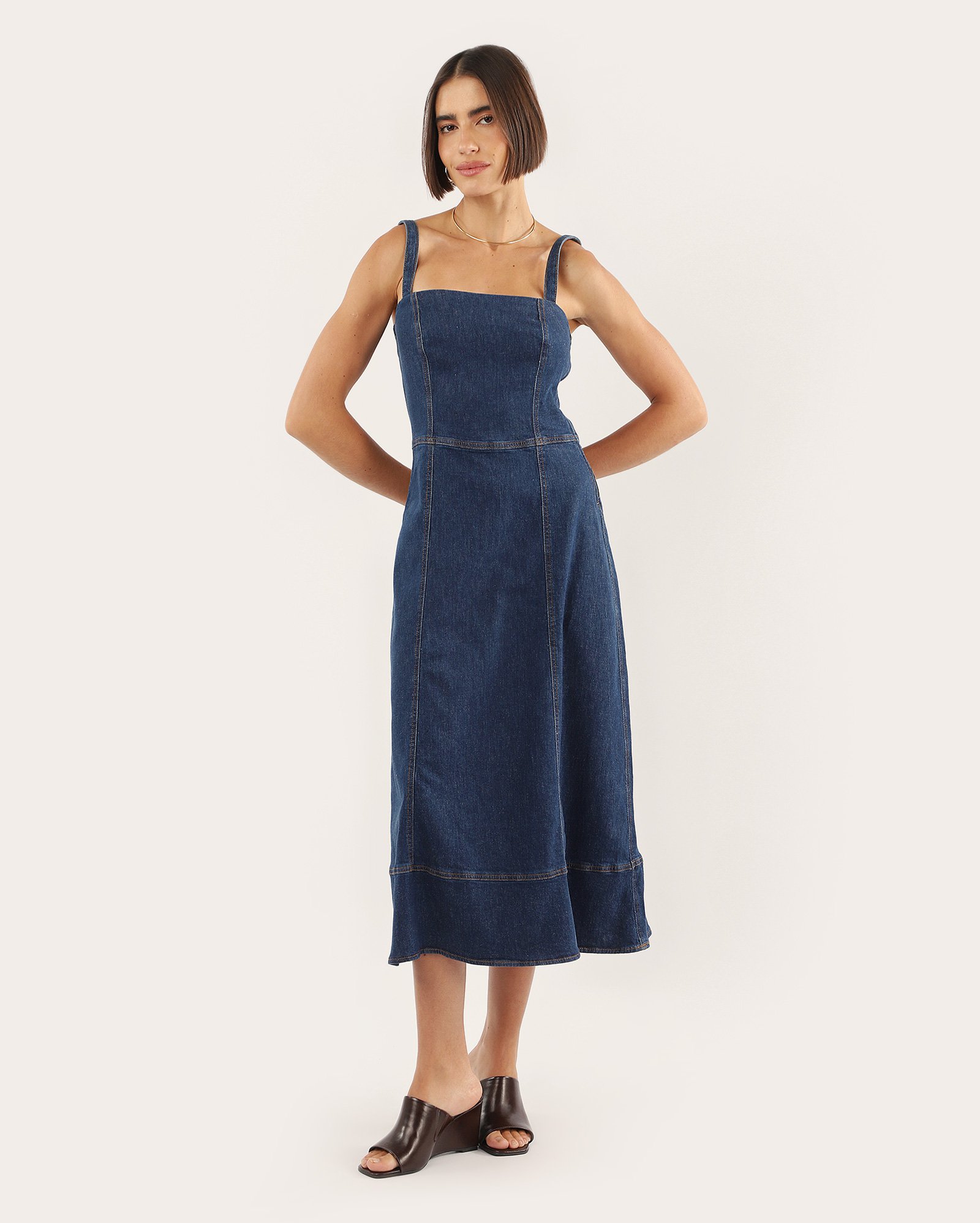 Vestido jeans midi alças largas denim escuro - Jeans Escuro | Pool Jeans