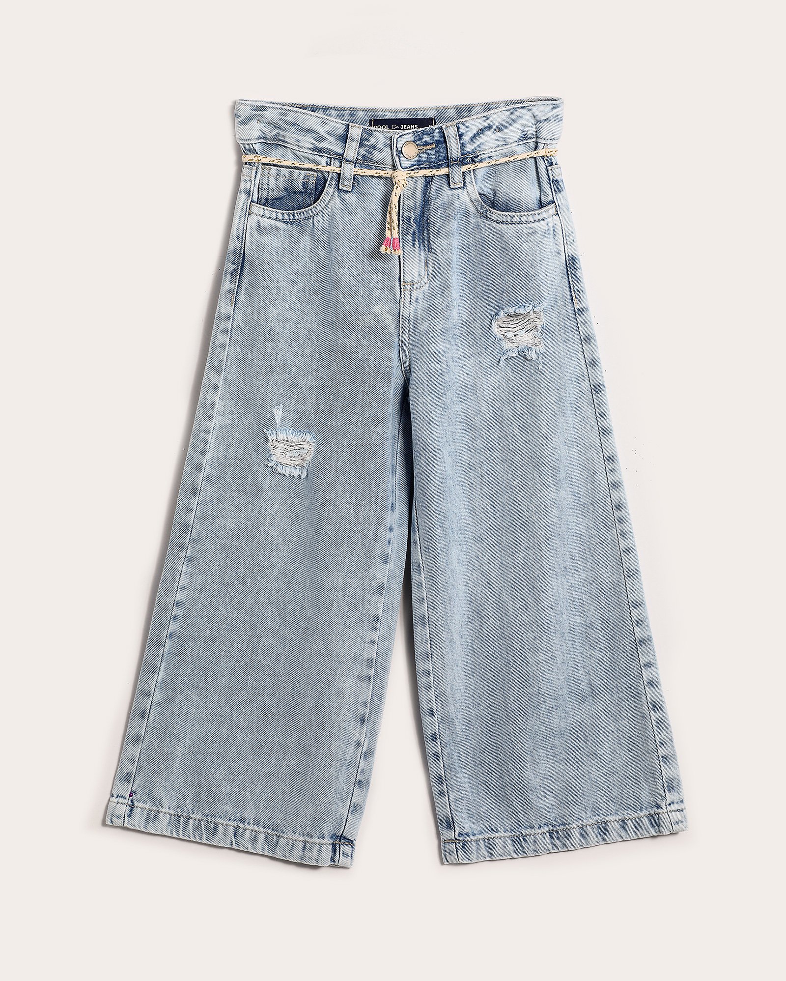 Calça jeans infantil wide leg com amarração e puídos 4-10A denim claro | Pool Kids