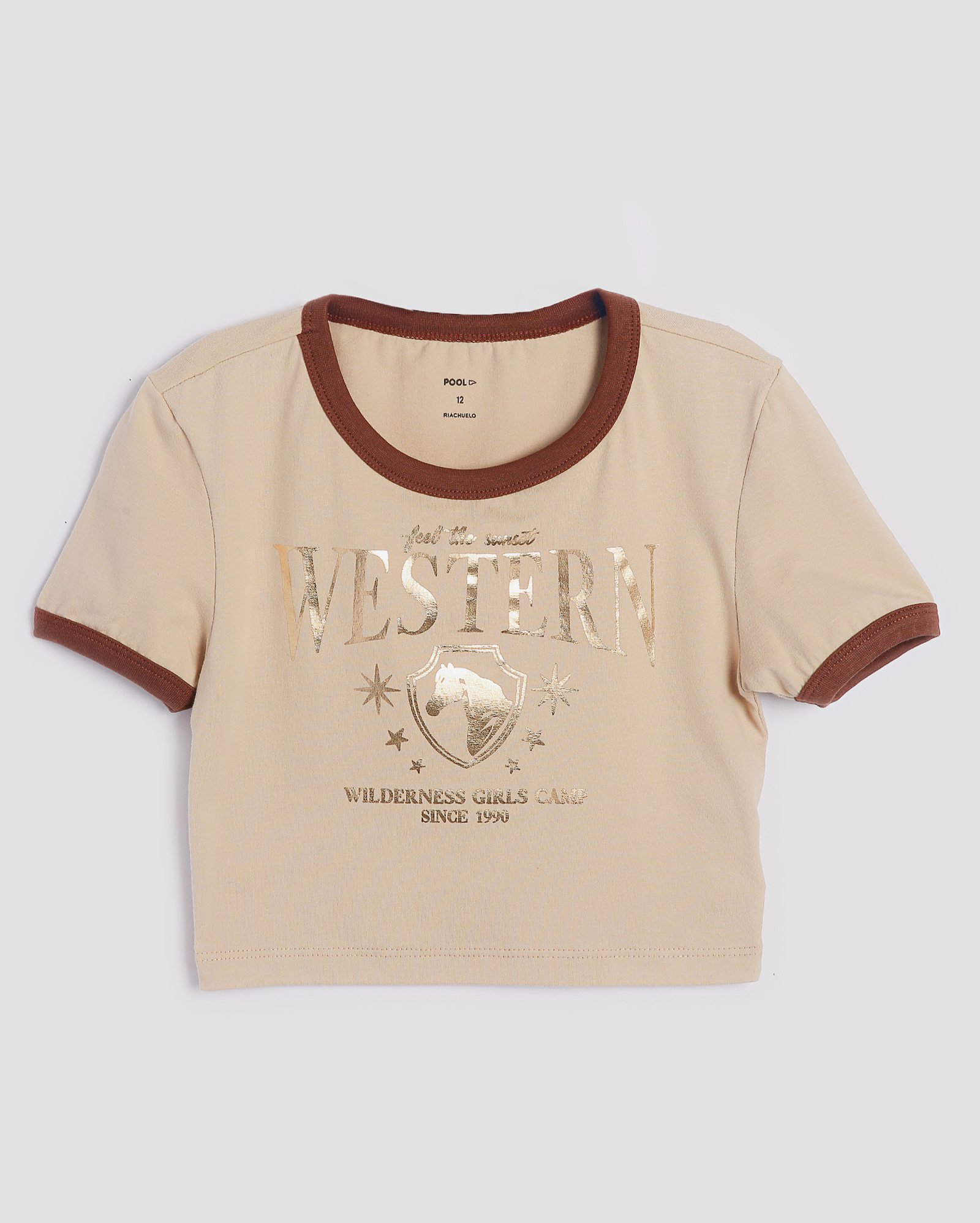 Camiseta cropped juvenil manga curta western bege | Pool