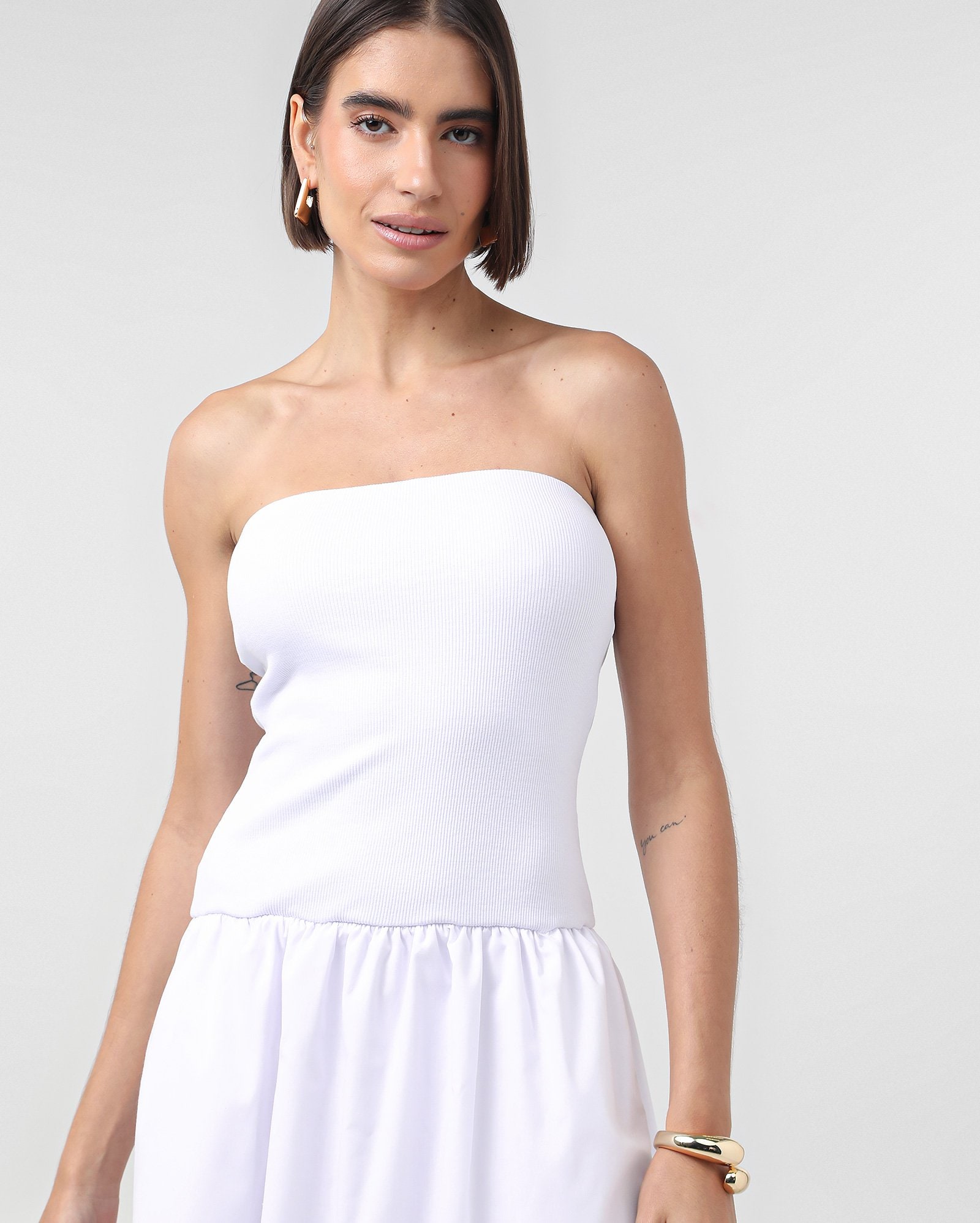Vestido midi de ribana com cintura baixa e bolsos - Branco — foto 4