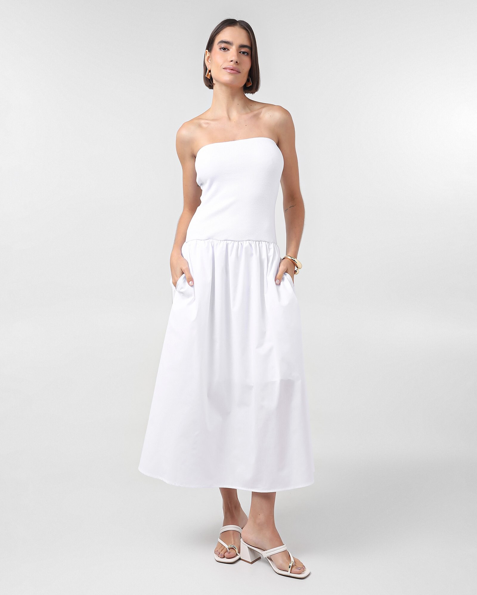 Vestido midi de ribana com cintura baixa e bolsos - Branco — foto 3