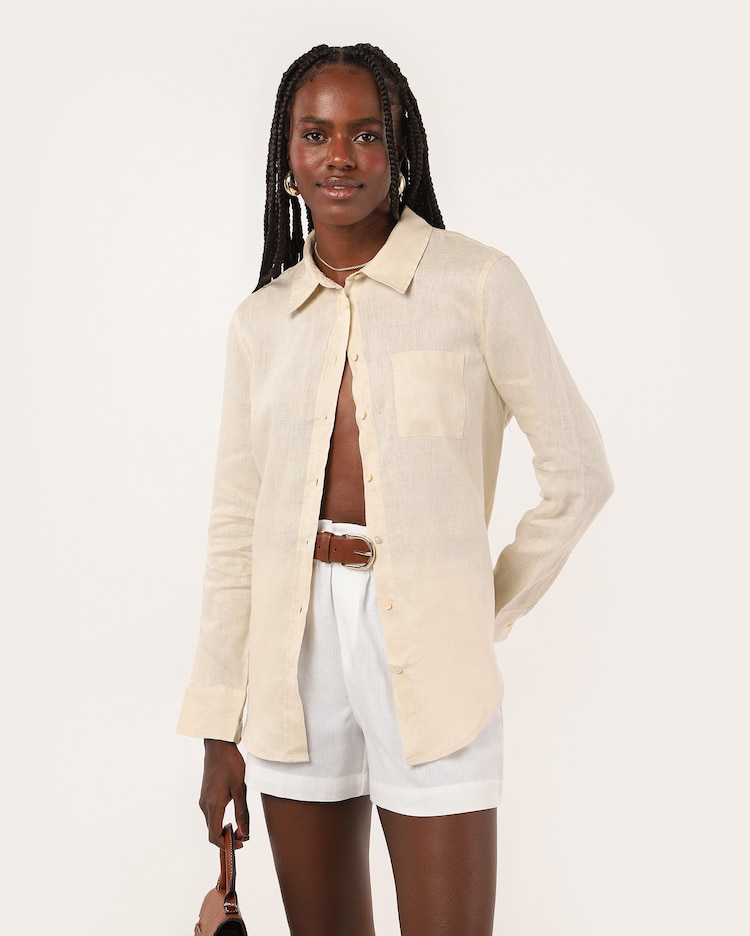 Riachuelo Camisa feminina 100% em linho com bolso Verde Musgo