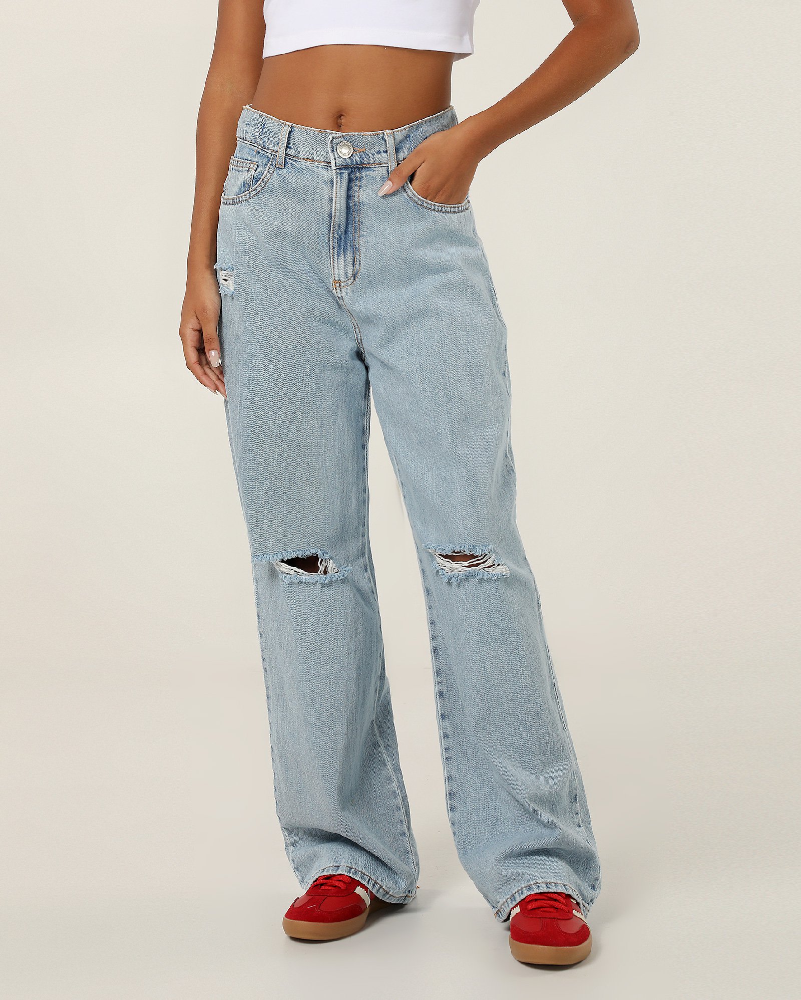 Calça jeans juvenil wide leg denim claro | Pool