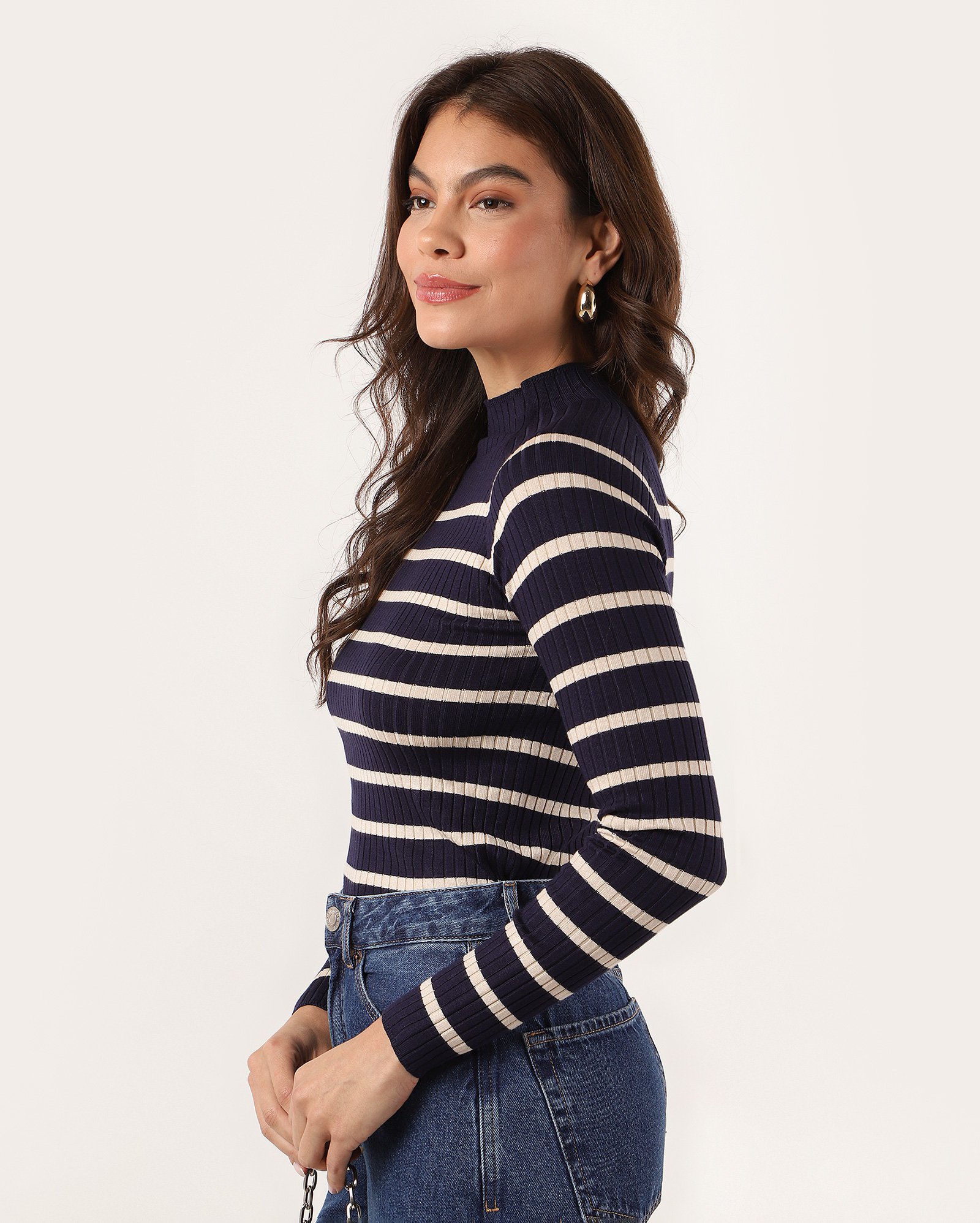 Blusa feminina de tricot canelado gola semi alta - Azul Escuro | AK by Riachuelo