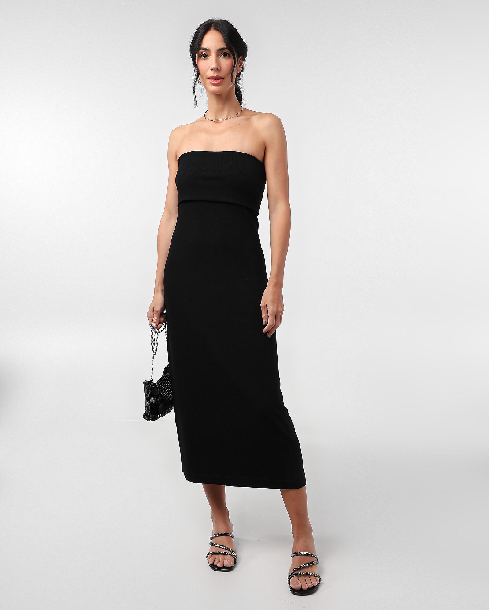 Vestido midi bandeau em viscose canelado - Preto