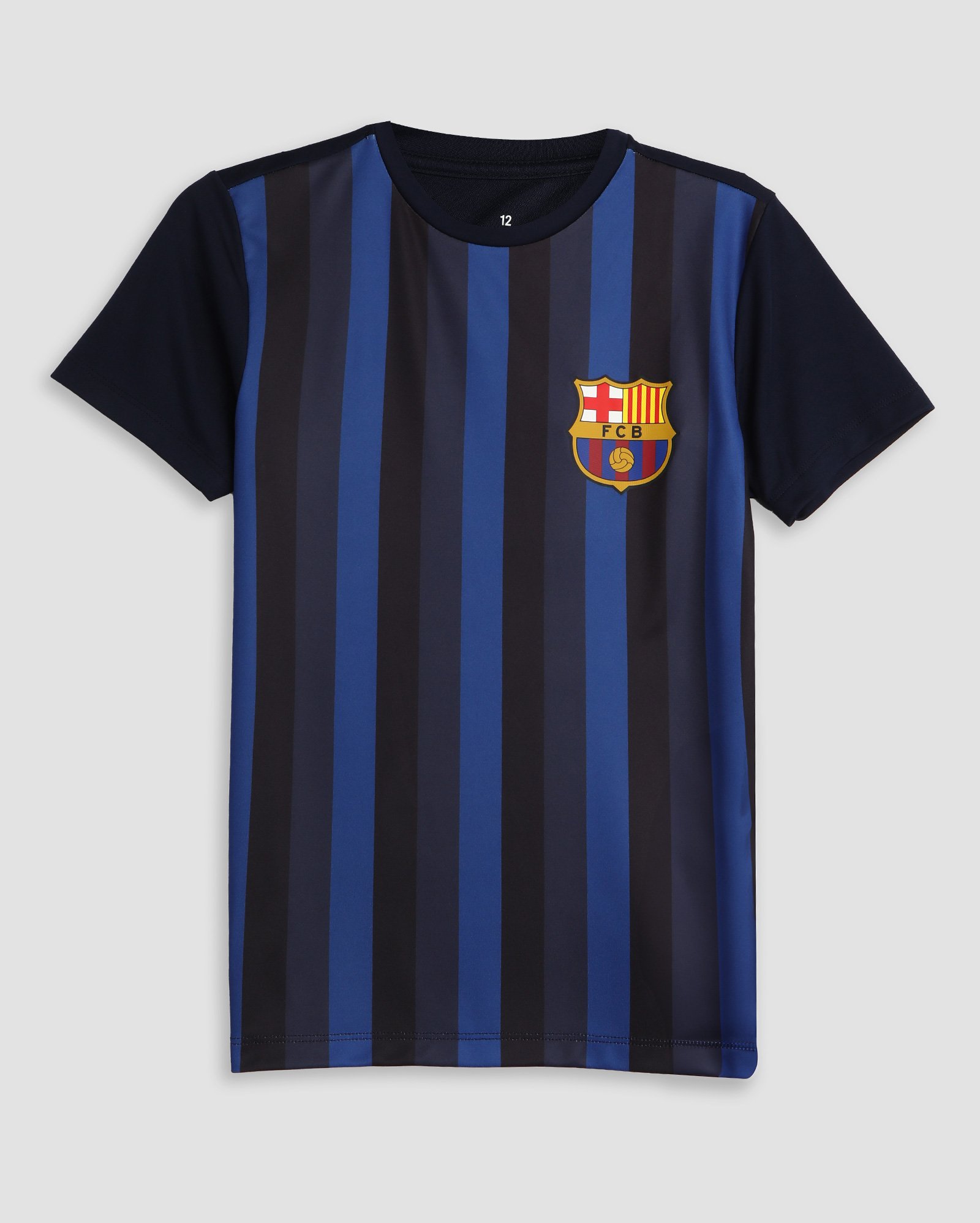 Camiseta juvenil futebol Barcelona manga curta listrada azul