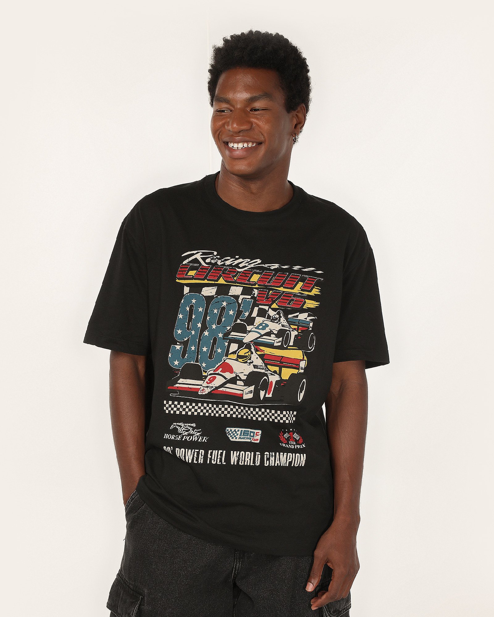 Camiseta masculina relaxed gola careca racing 98 preta | Pool