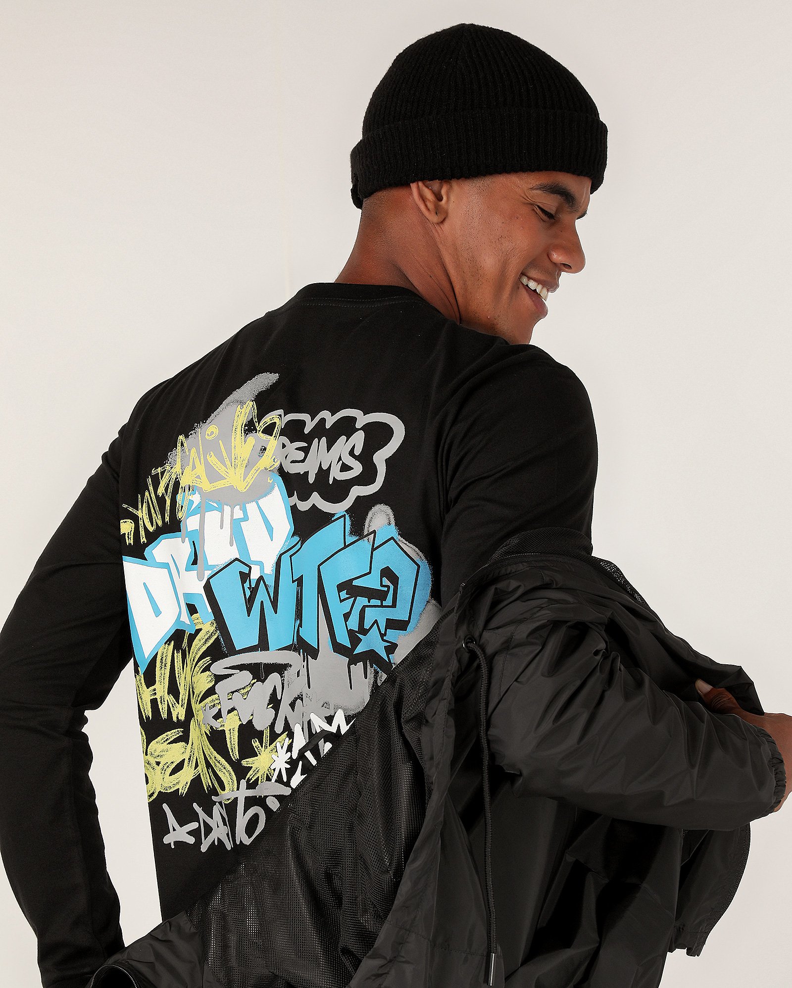 Camiseta masculina regular manga longa lettering WTF preta | Pool