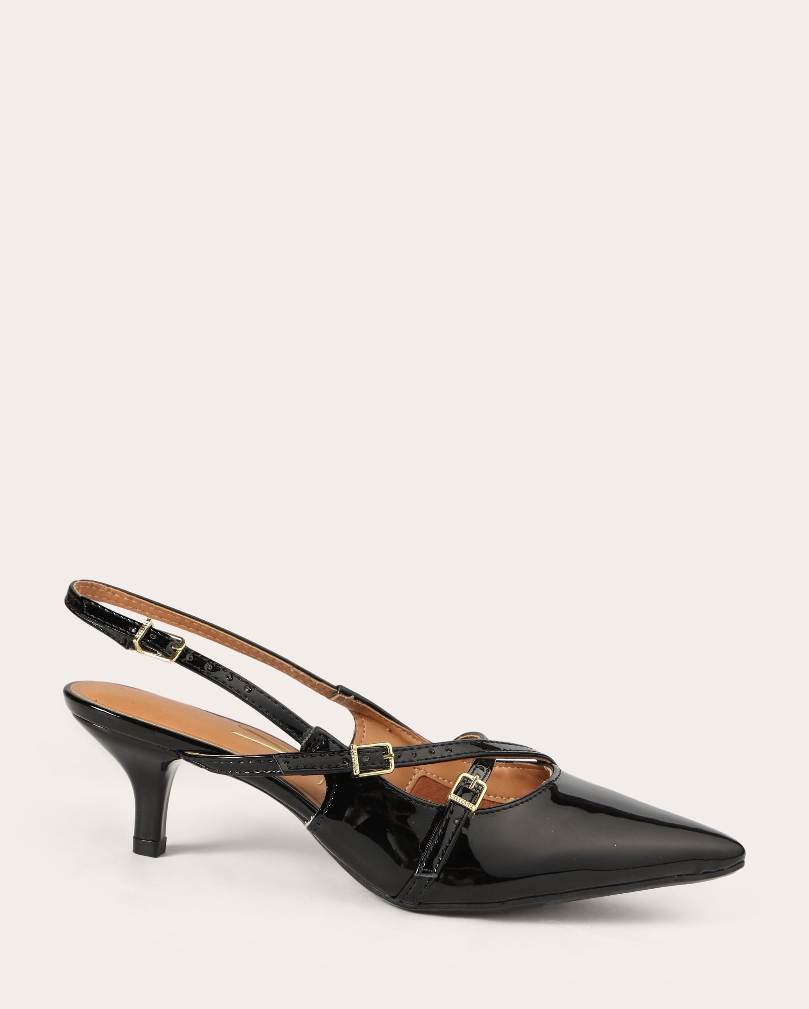 Sapato scarpin verniz salto baixo com fivelas - Preto | Vizzano