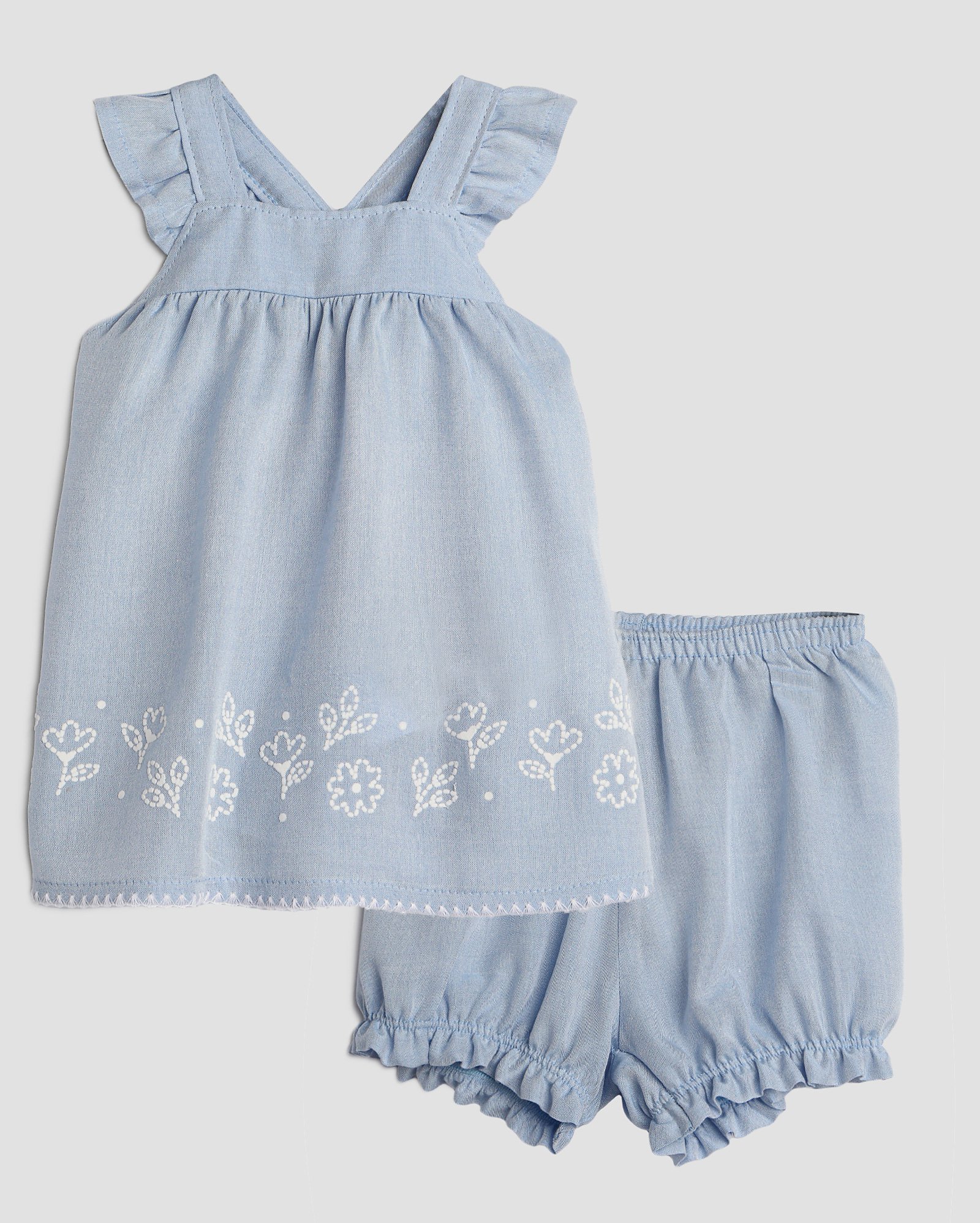 Conjunto curto bebê com bordado floral azul | Baby Way