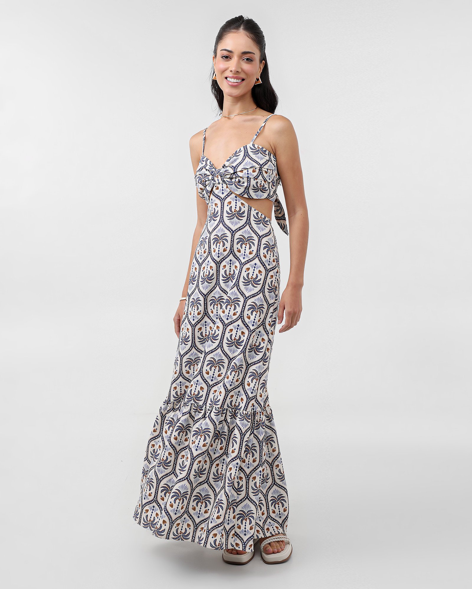 Vestido longo em viscolinho cajueiro evasê cut out amarração multicor | Pool