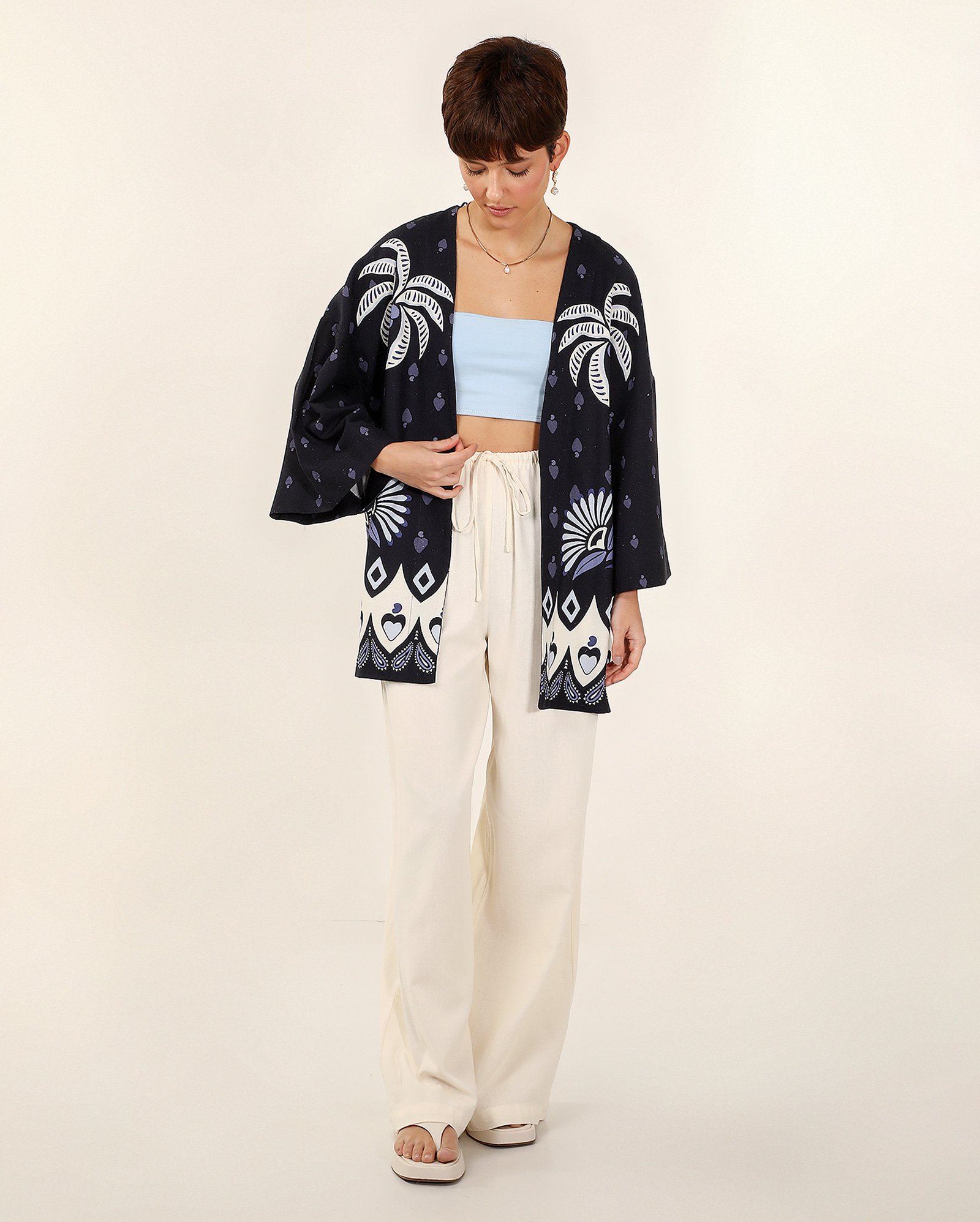 Kimono feminino em viscolinho estampa paisley azul | Pool