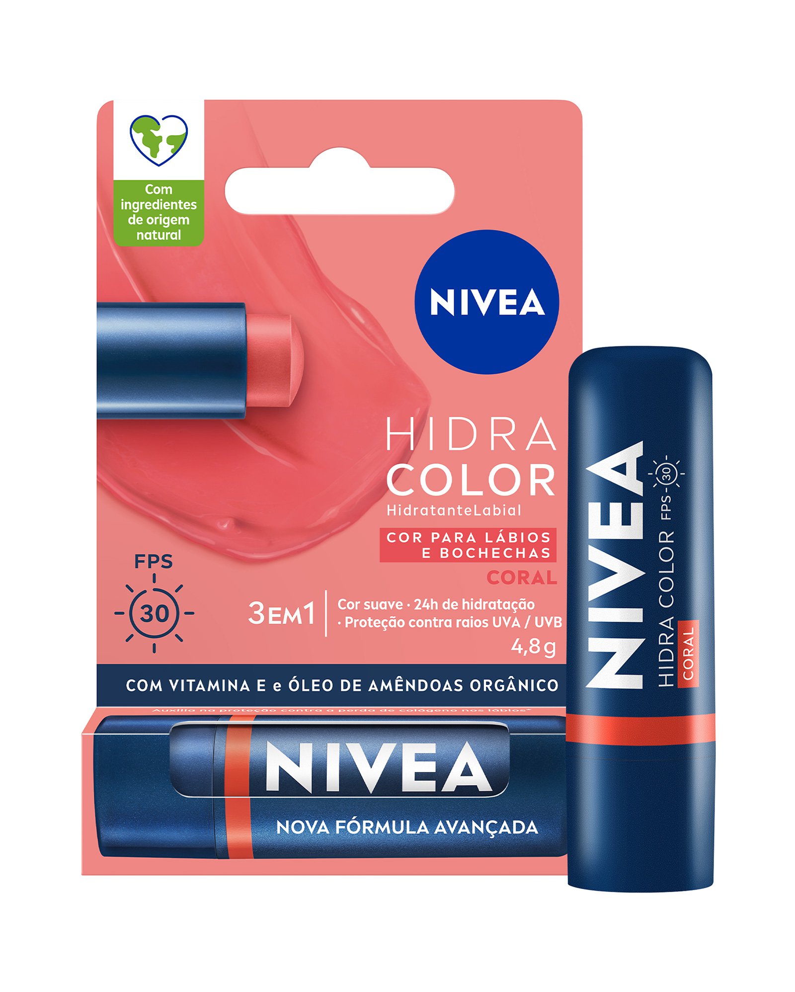 Hidratante labial 3 em 1 Hidra Color 4,8g coral | Nivea