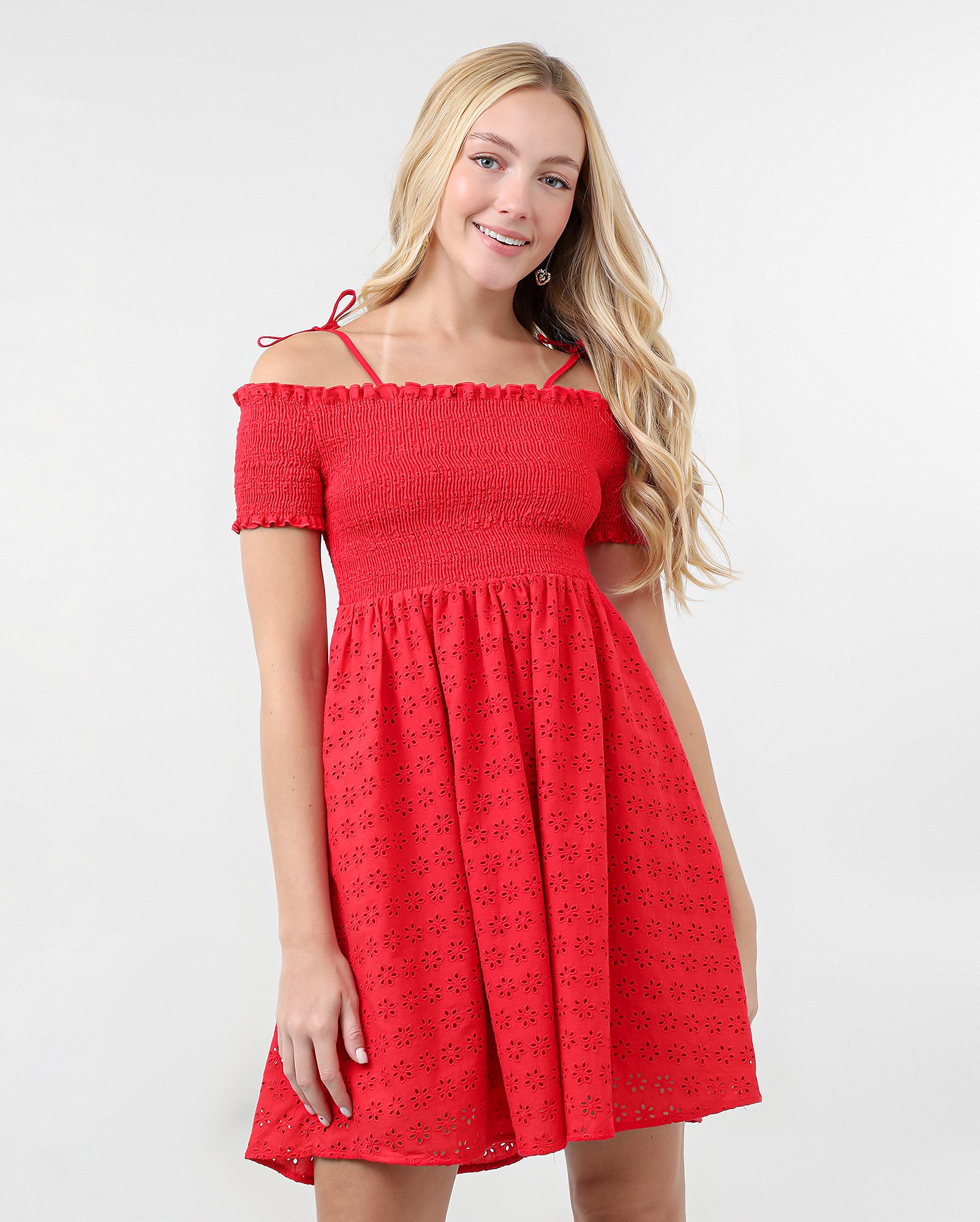 Vestido curto juvenil evasê laise com lastex vermelho | Pool