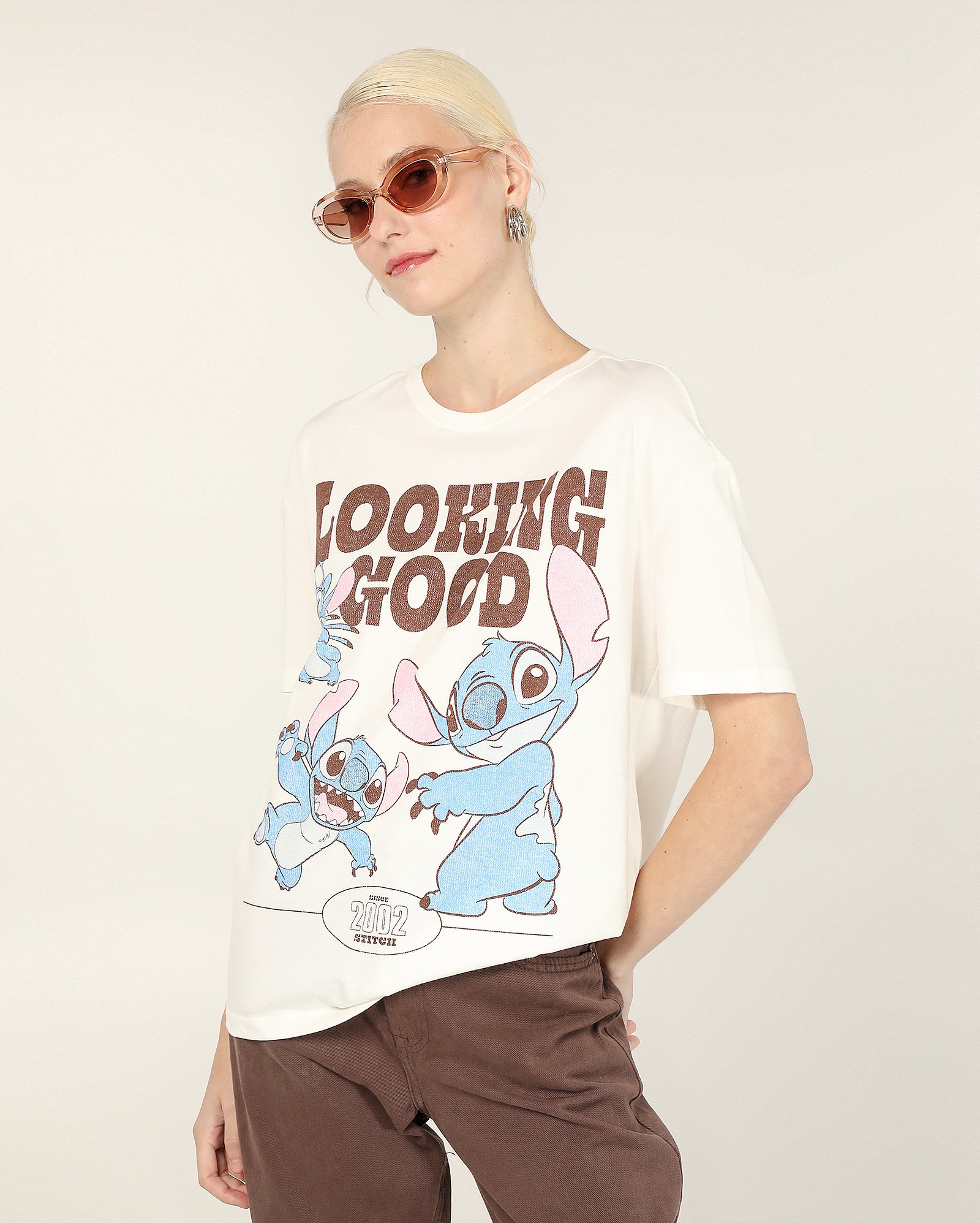 Camiseta feminina alongada Stitch good off-white | Disney