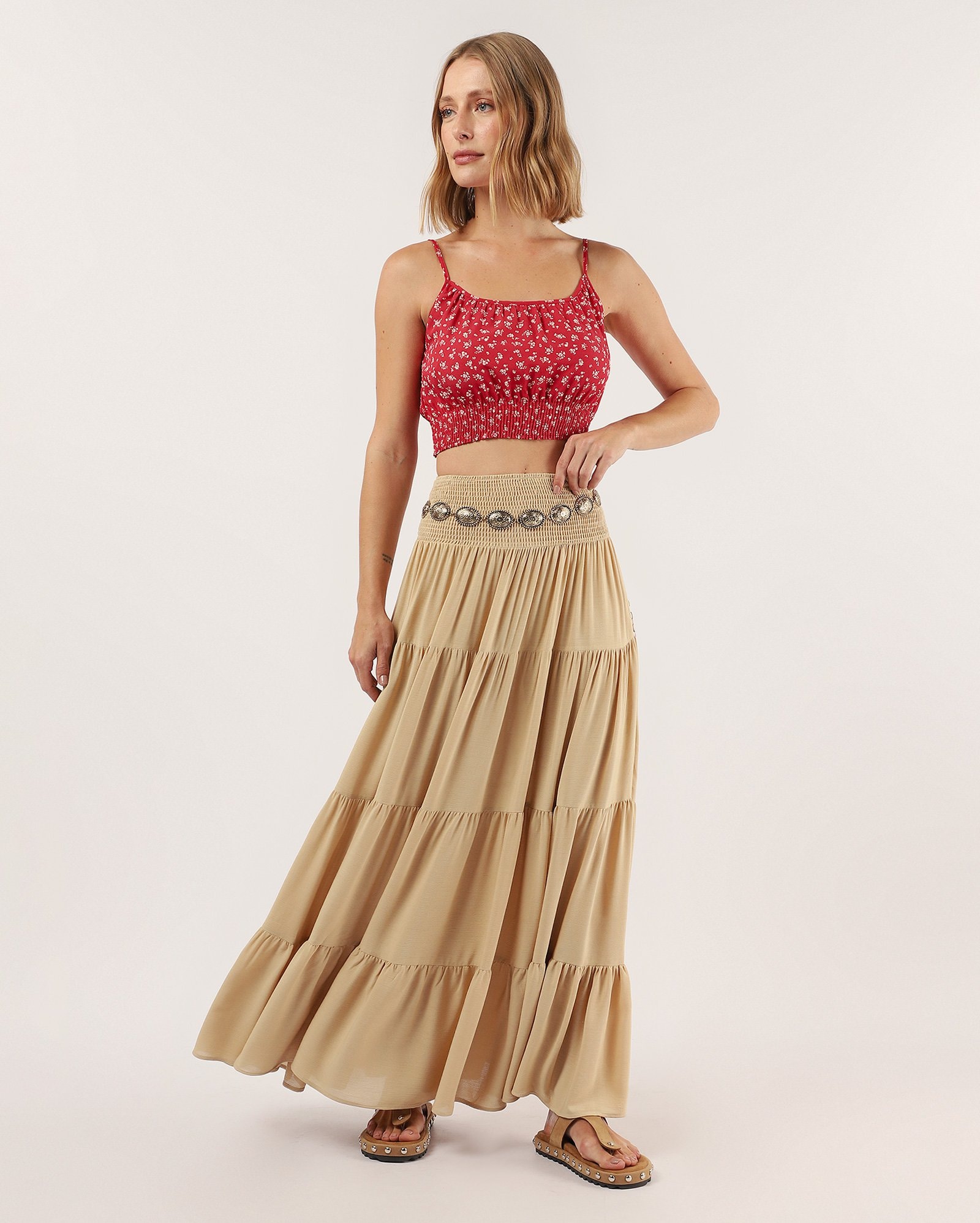 Regata cropped feminina Mila em viscose floral - vermelha — foto 2