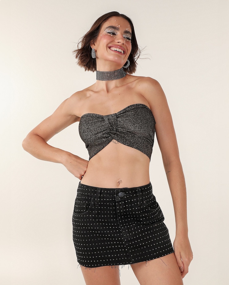 Riachuelo Mini saia black jeans reta com brilho preta Pool Jeans