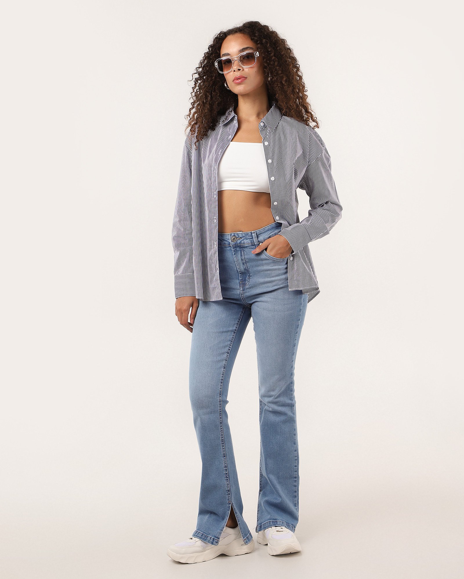 Camisa feminina Olga de algodão manga longa - Azul Escuro | Pool Basics