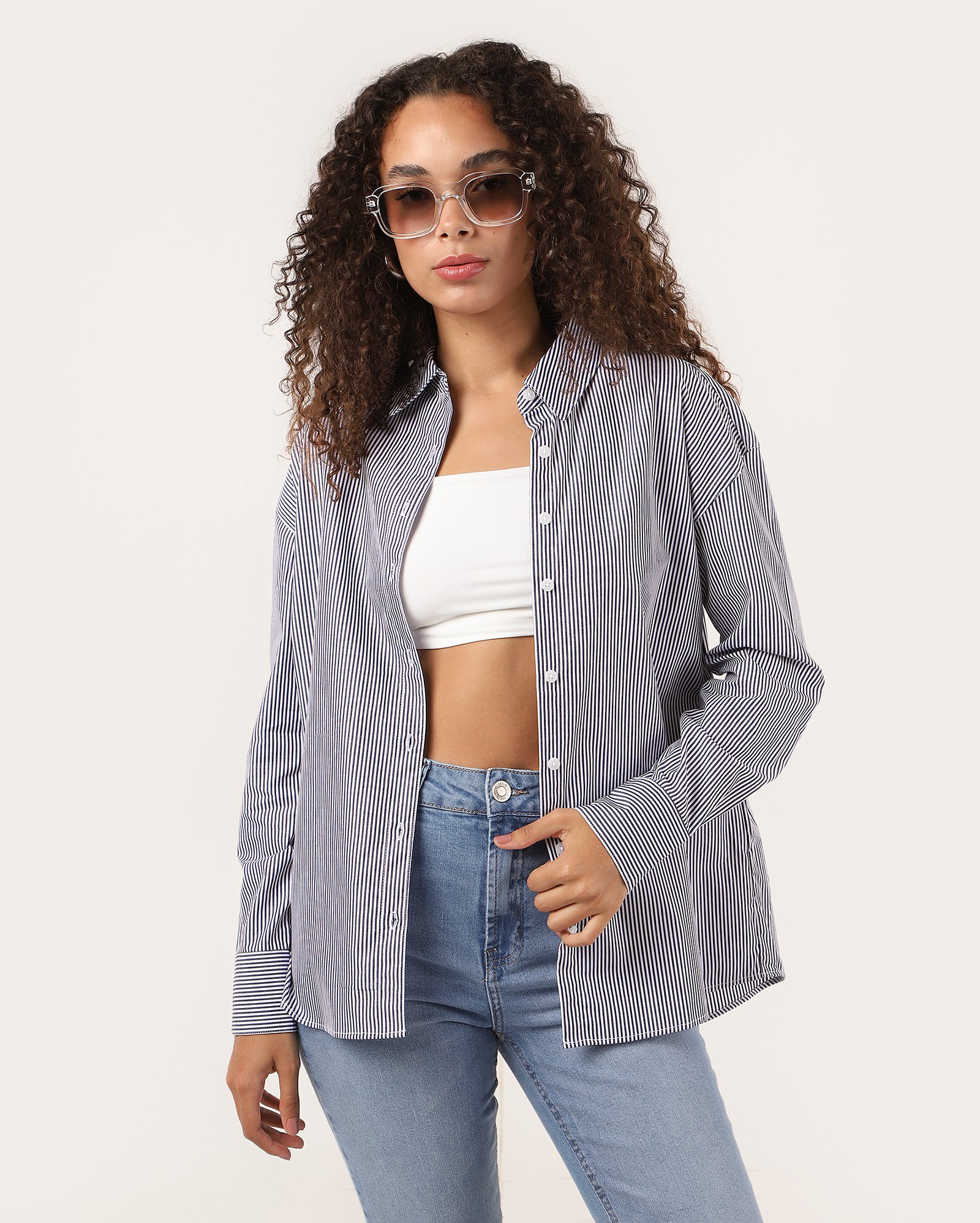 Camisa feminina Olga de algodão manga longa - Azul Escuro | Pool Basics